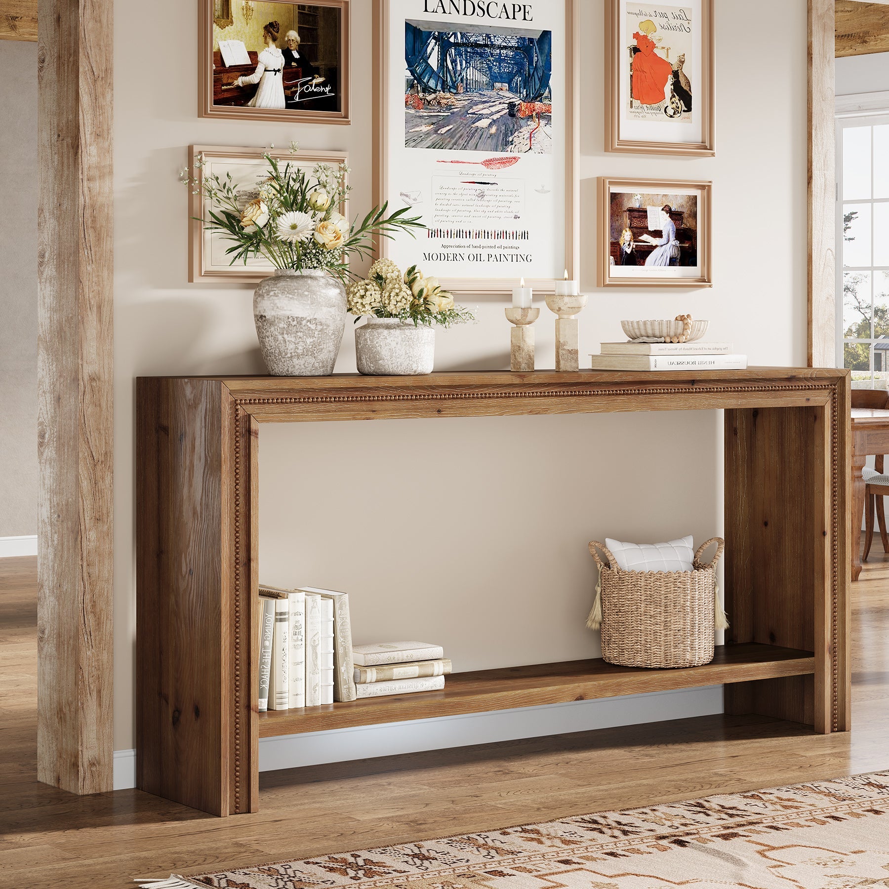 63" Solid Wood Console Table, Narrow Entryway Table with 2-Tier Storage Shelf