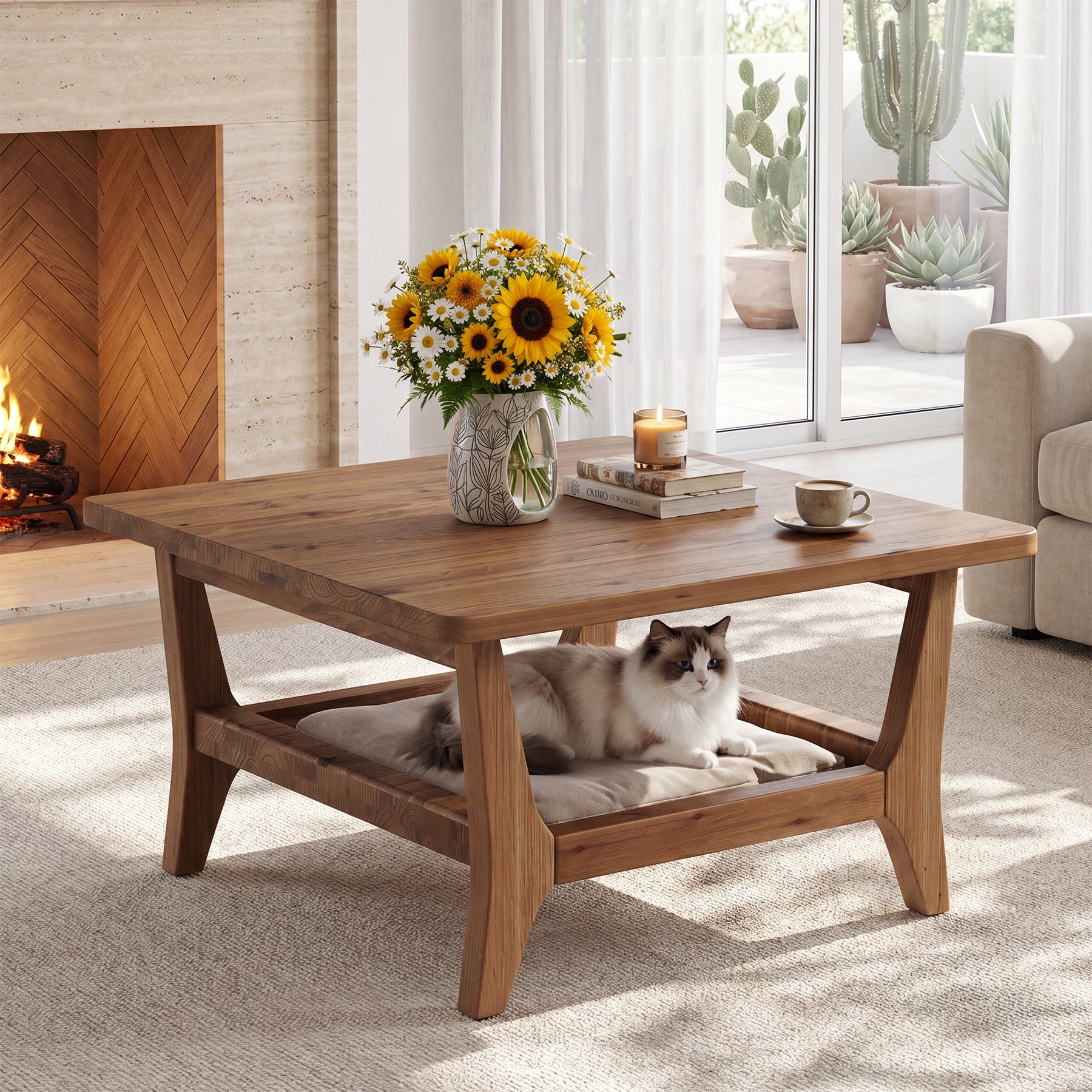 Solid Wood Coffee Table, 31.5" Square Center Table with 2-Tier Storage