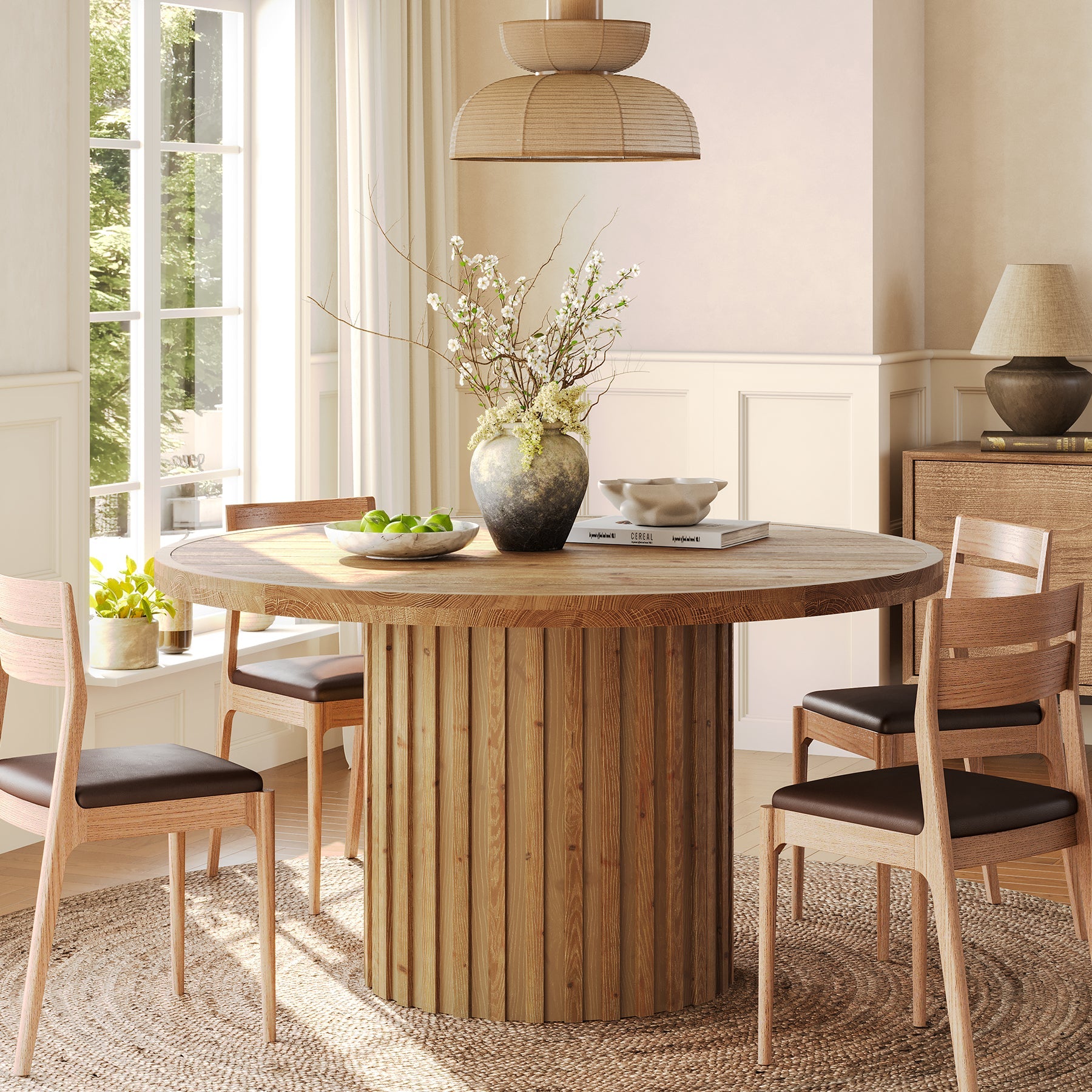 Round Solid Wood Dining Table for 4, 47" Kitchen Table with Fluted Pedestal Base