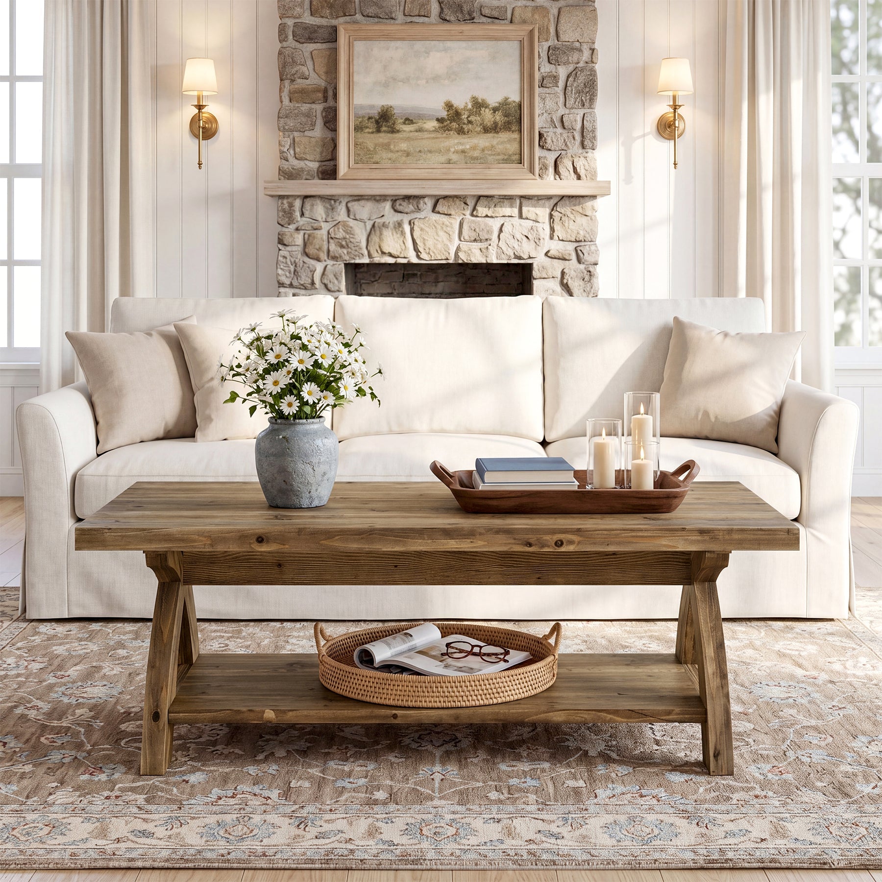 Tribesigns 47.24-Inch Solid Wood Coffee Table, X-Leg Center Table for Living Room