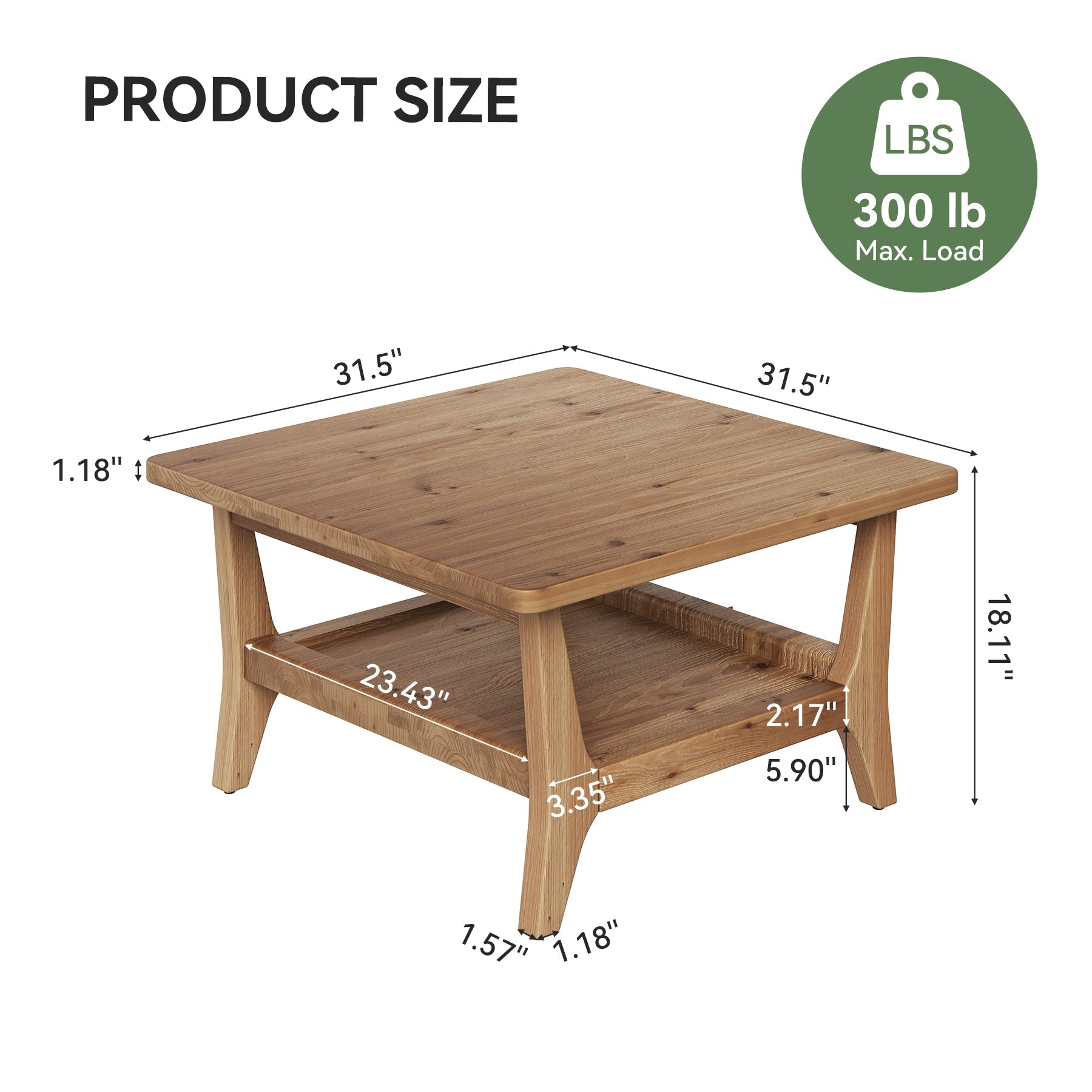 Solid Wood Coffee Table, 31.5" Square Center Table with 2-Tier Storage