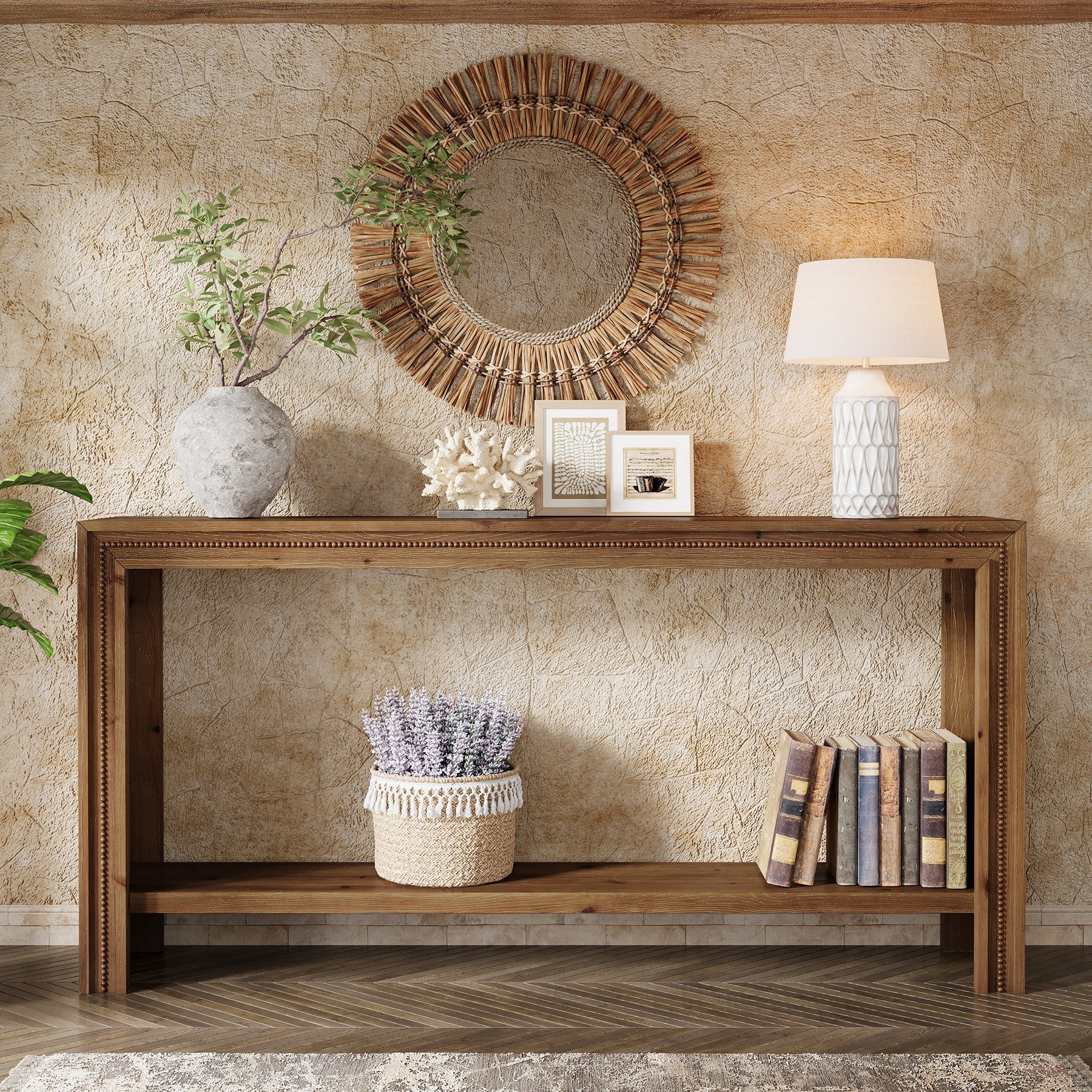 63" Solid Wood Console Table, Narrow Entryway Table with 2-Tier Storage Shelf