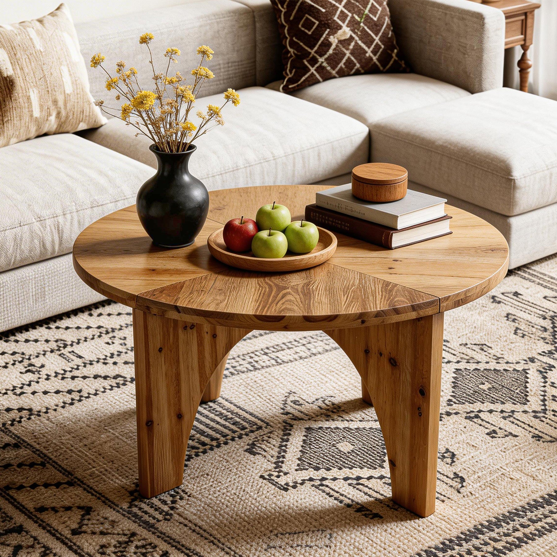 31.5" Round Coffee Table, Farmhouse Solid Wood Center Table with Curved Legs