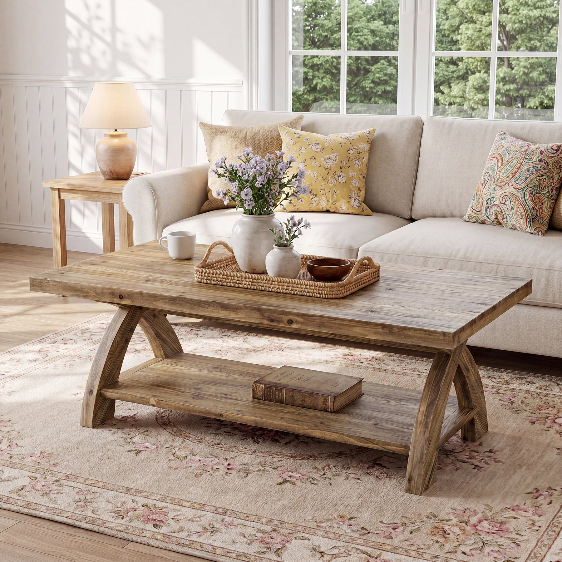 Tribesigns 47.24-Inch Solid Wood Coffee Table, X-Leg Center Table for Living Room