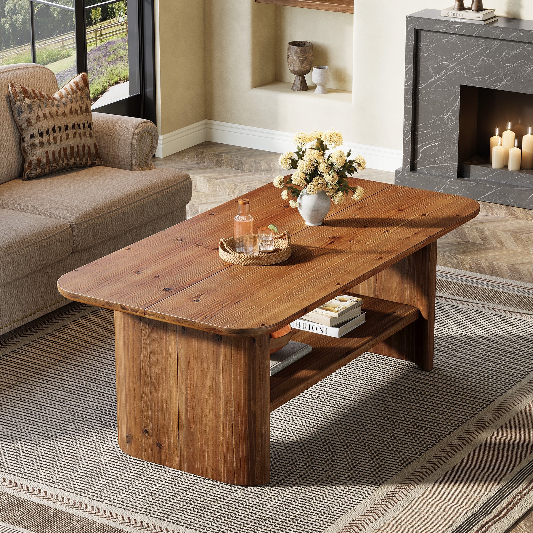 TRIBEWOOD 47.2" 2-Tier Solid Wood Coffee Table