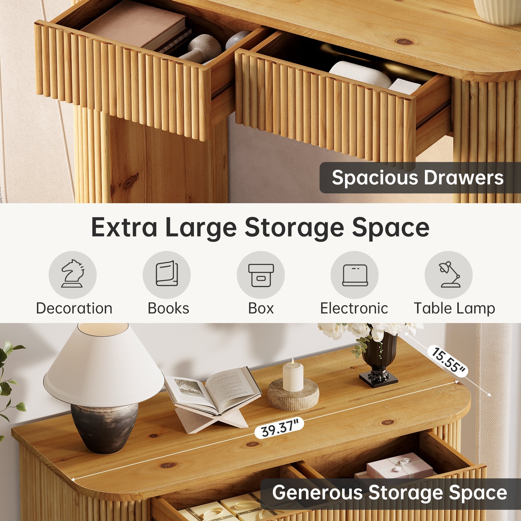 Solid Wood Console Table, 39" Fluted Entryway Sofa Table with Drawers