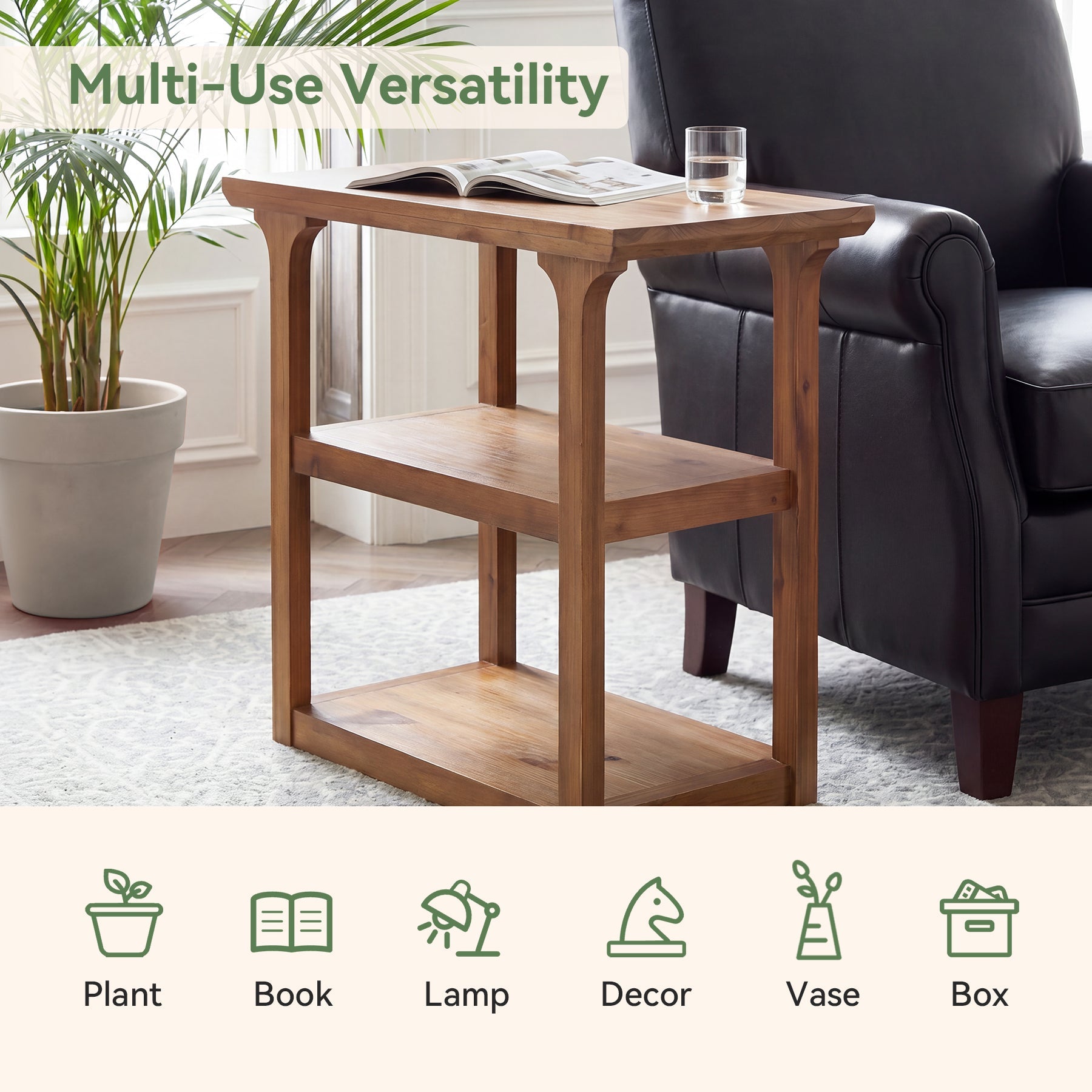 23.62" Solid Wood End Table, Farmhouse Side Table with 3-Tier Shelf for Living Room