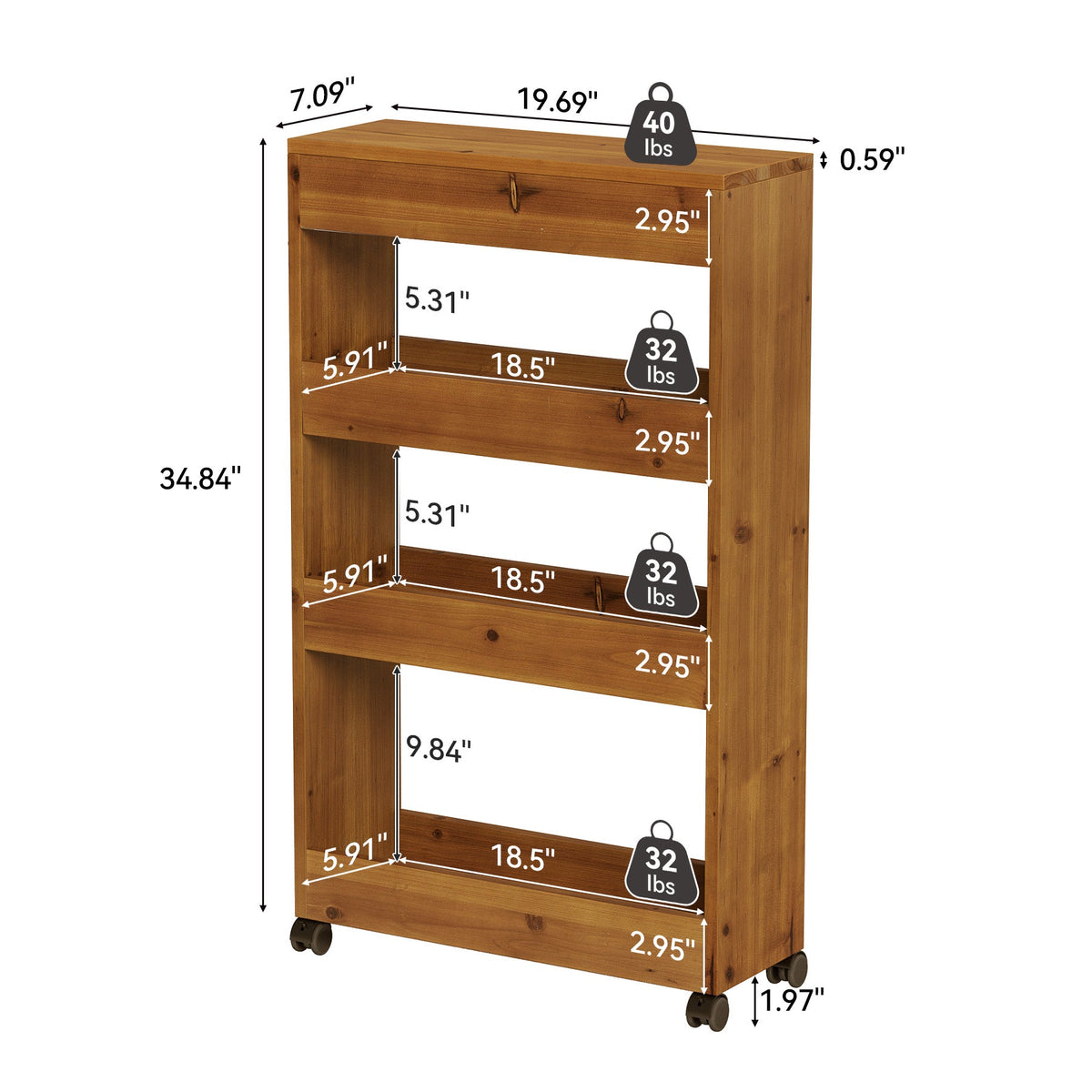 Solid Wood Kitchen Cart, Rolling Kitchen Trolley with 4-Tier Storage for Small Spaces