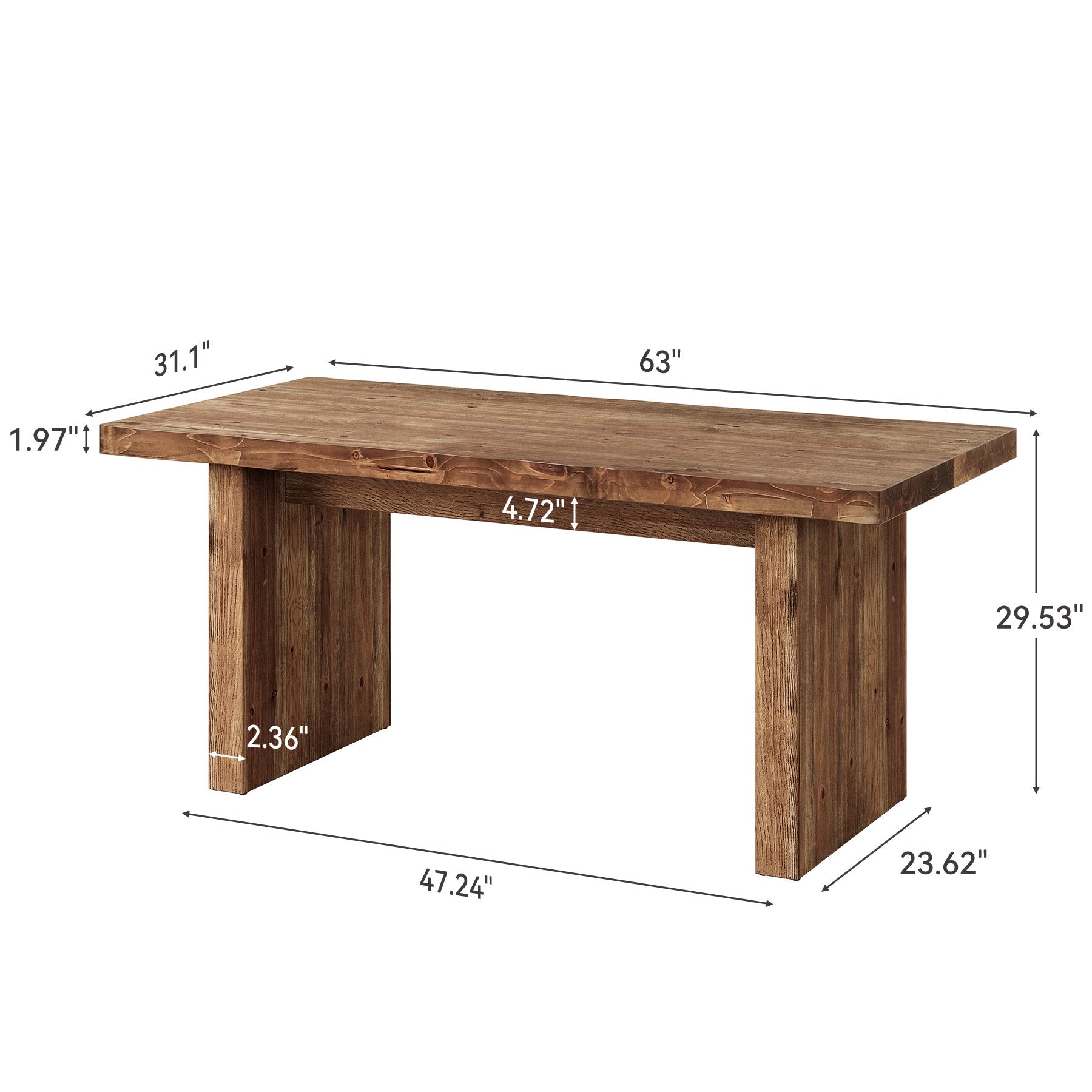 63" Solid Wood Dining Table for 4-6, Farmhouse Rectangular Kitchen Table with Thick Wood Top