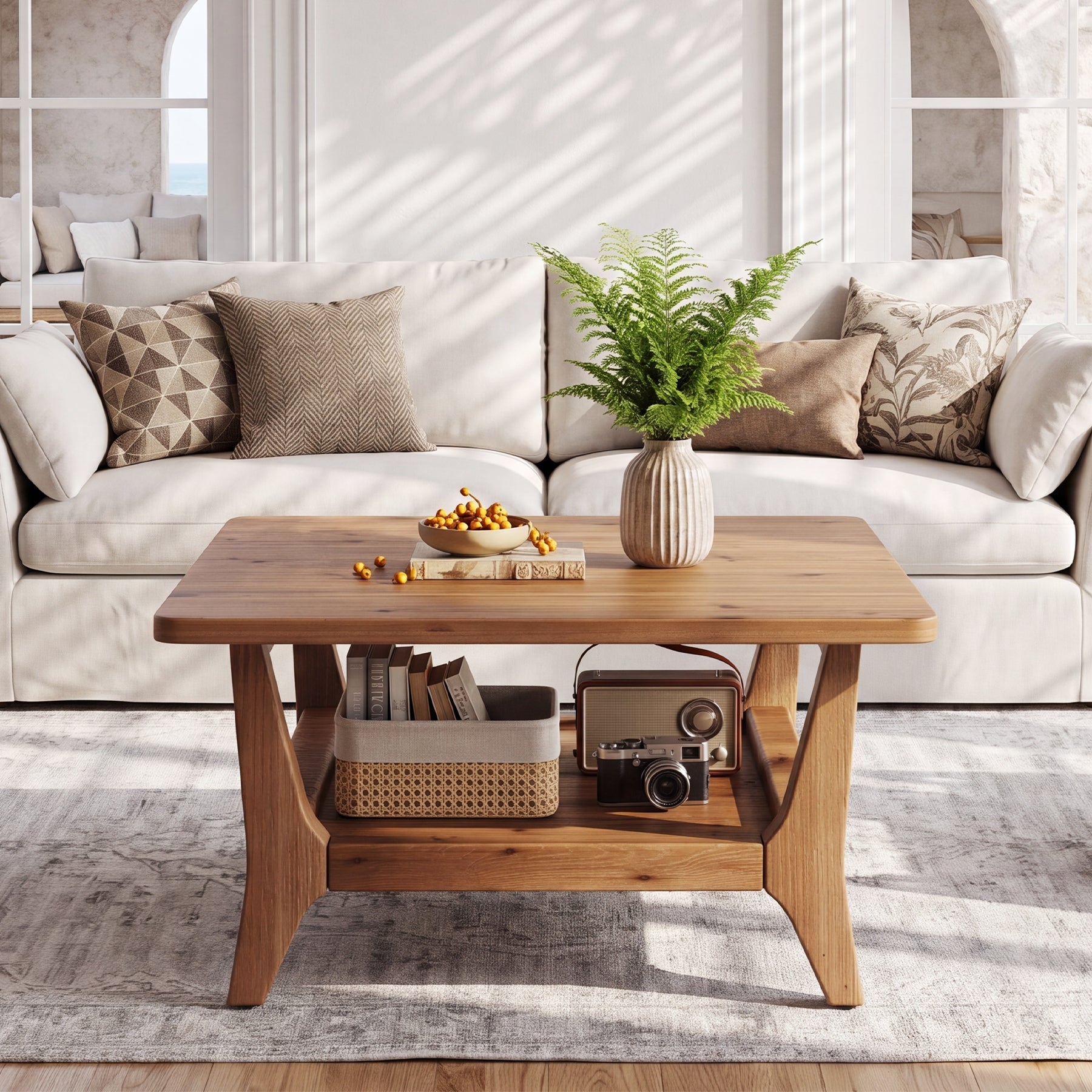 Solid Wood Coffee Table, 31.5" Square Center Table with 2-Tier Storage