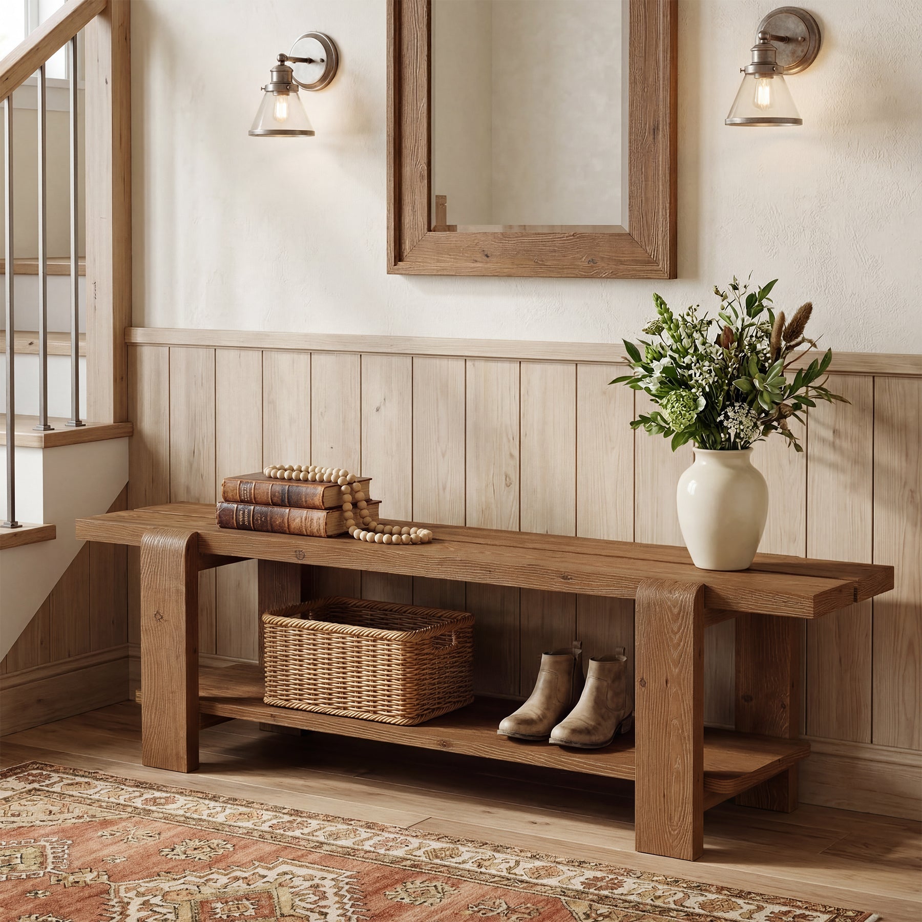 Solid Wood Entryway Bench, 63" End of Bed Bench with Shoe Storage Shelf