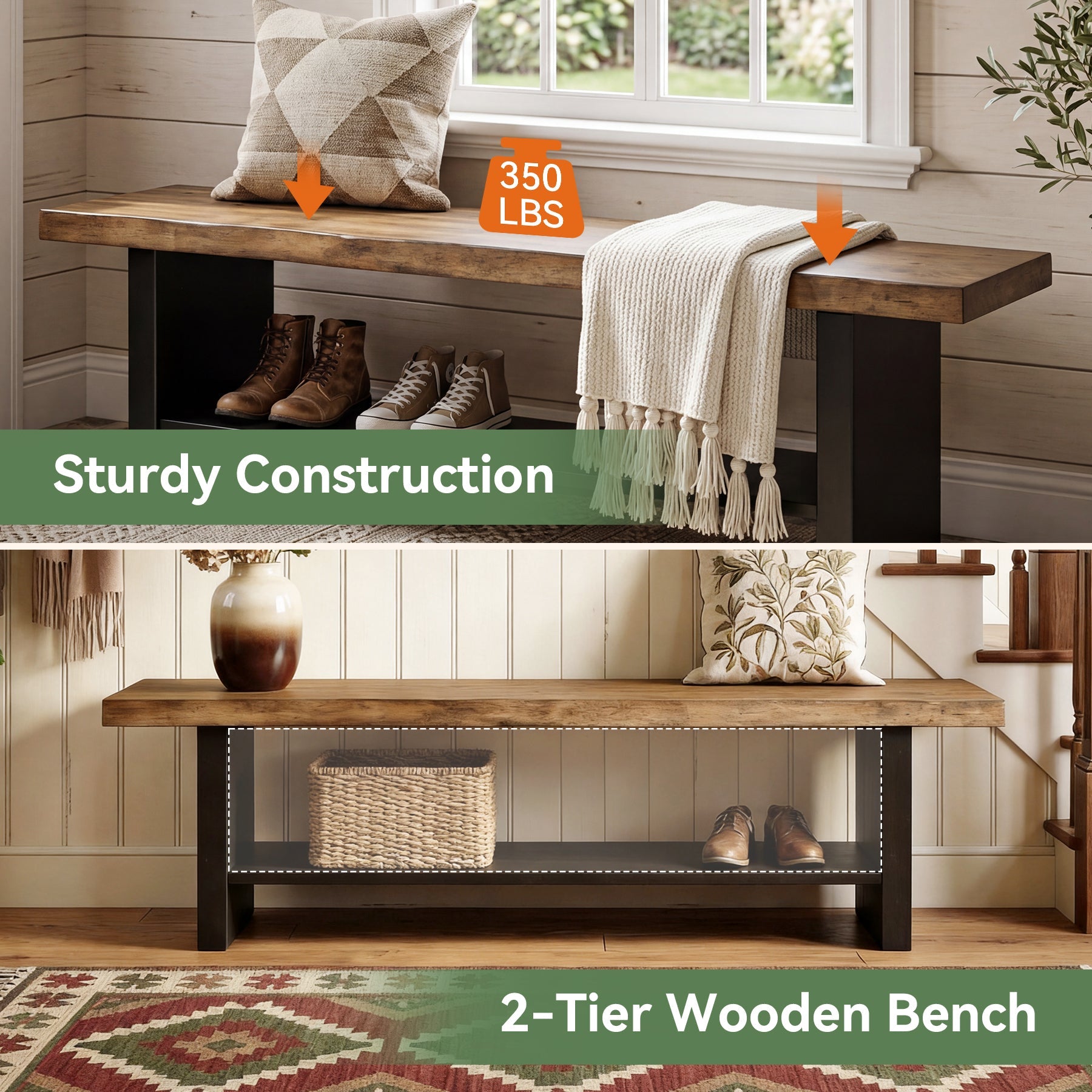55" Solid Wood Entryway Bench, 2-Tier Farmhouse Bench with Shoe Storage