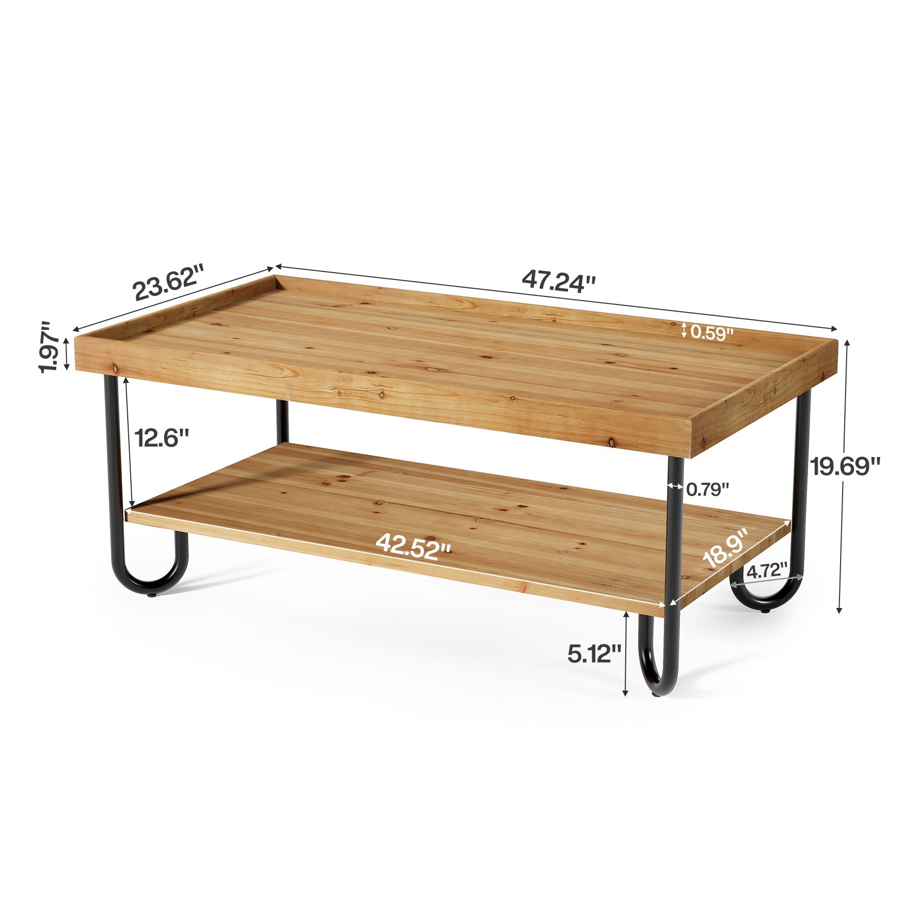 Solid Wood Coffee Table, 2-Tier Rectangular Center Table with Curved Metal Legs