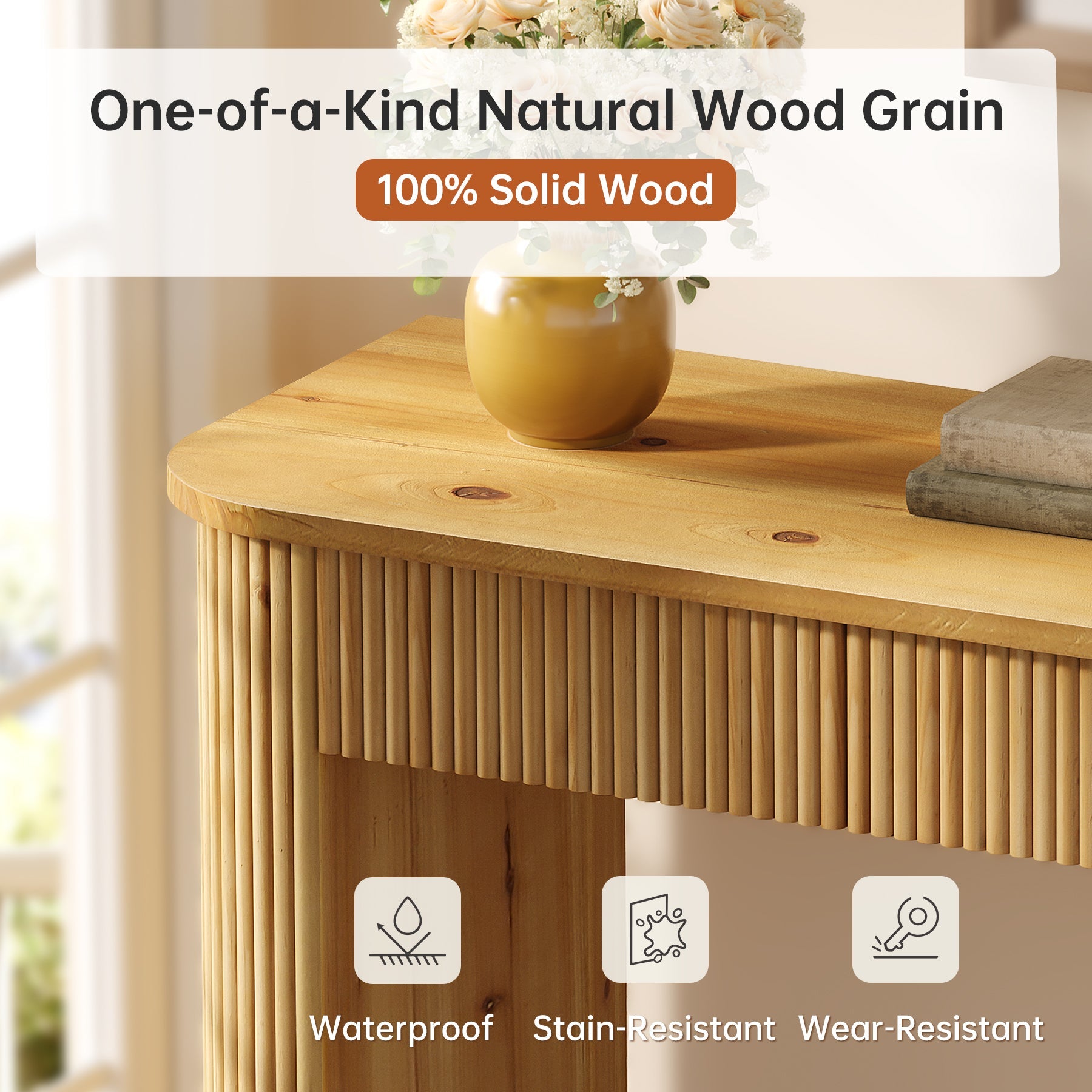 Solid Wood Console Table, 39" Fluted Entryway Sofa Table with Drawers