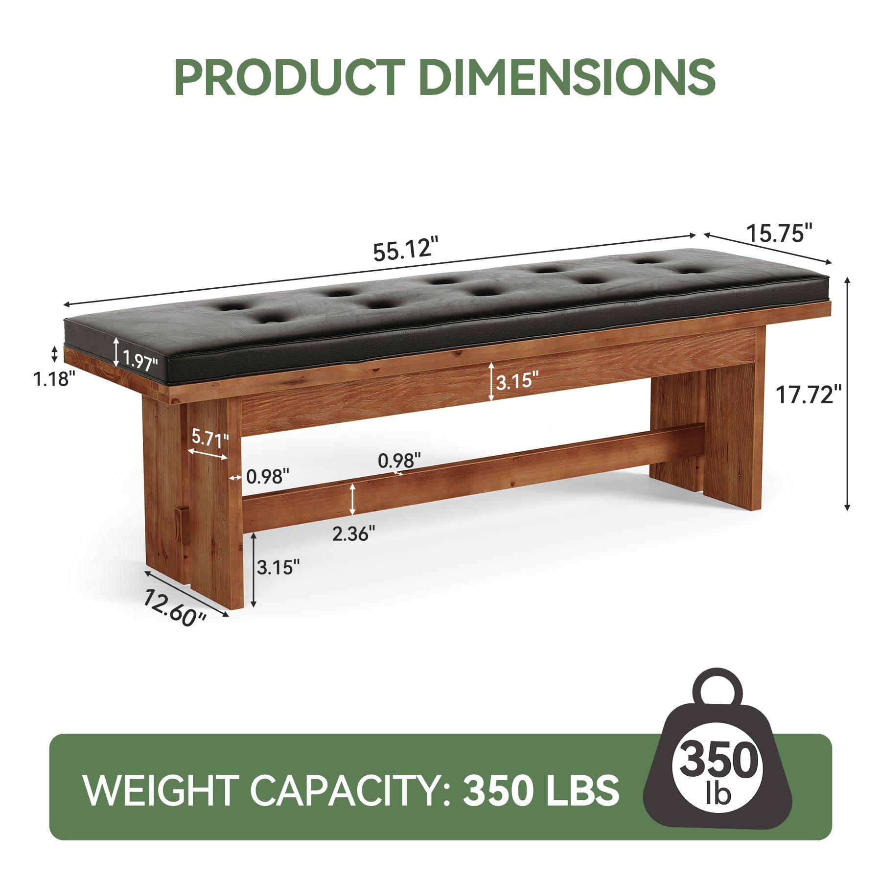 Solid Wood Shoe Bench with Cushion, 55" Upholstered Entryway Bench