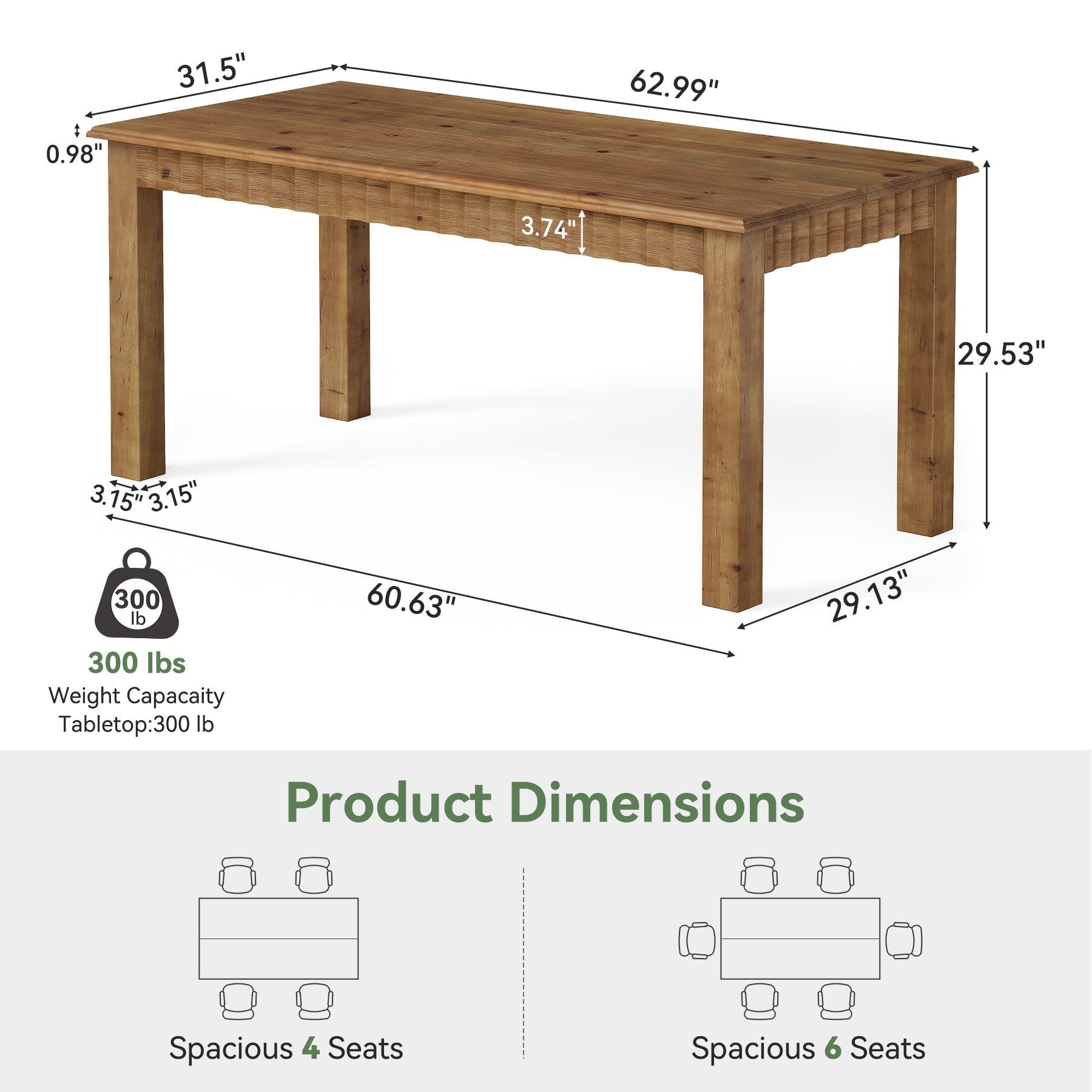 63" Solid Wood Dining Table, Rectangular Kitchen Dinner Table for 4-6