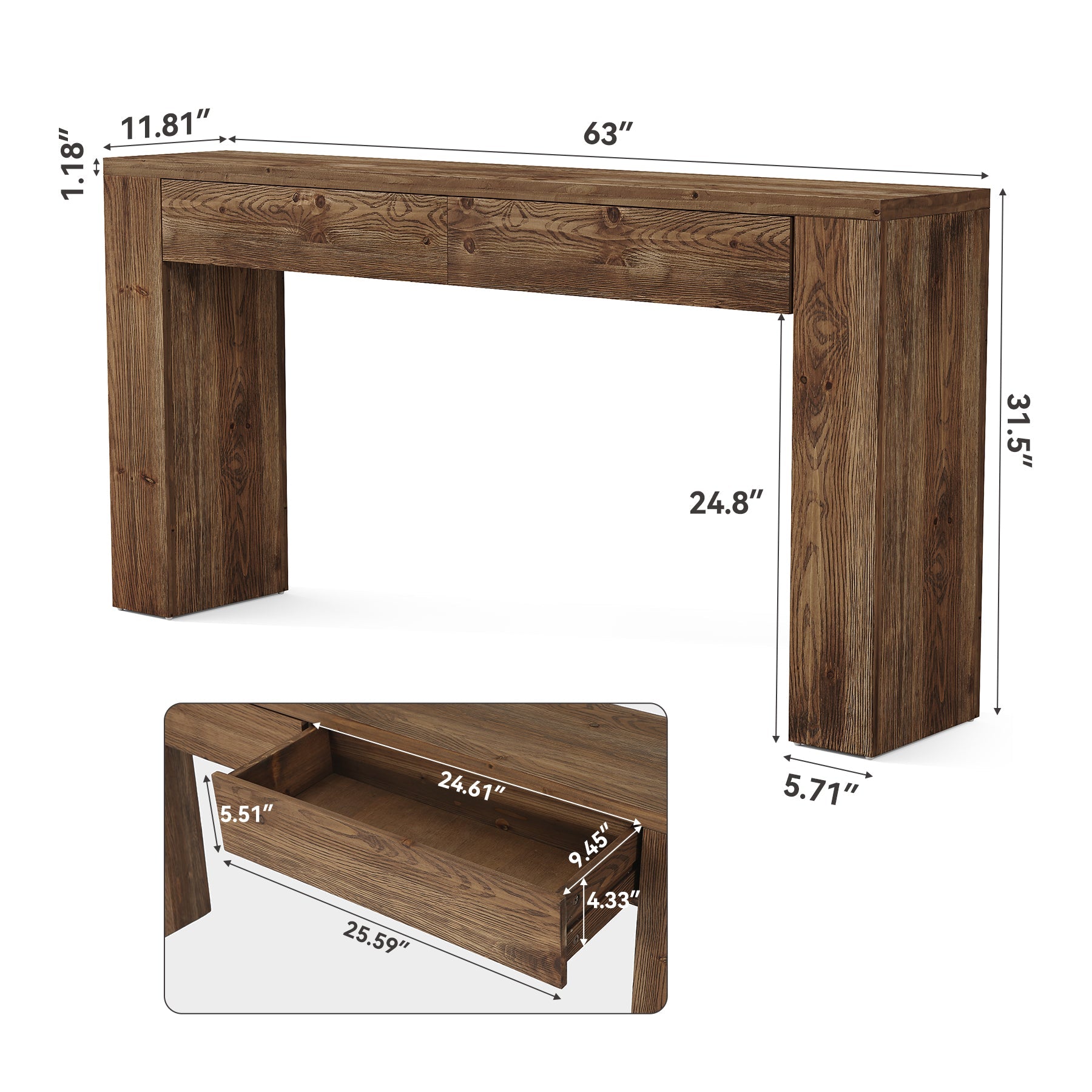 Solid Wood 63" Console Table with Hidden Storage Drawers, Sofa Table Behind Couch