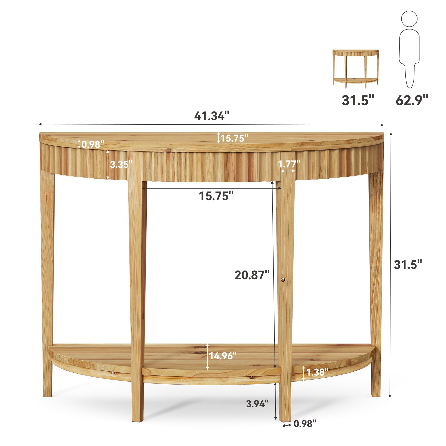 Solid Wood Console Table, Half Moon Entryway Table with 2-Tier Shelf