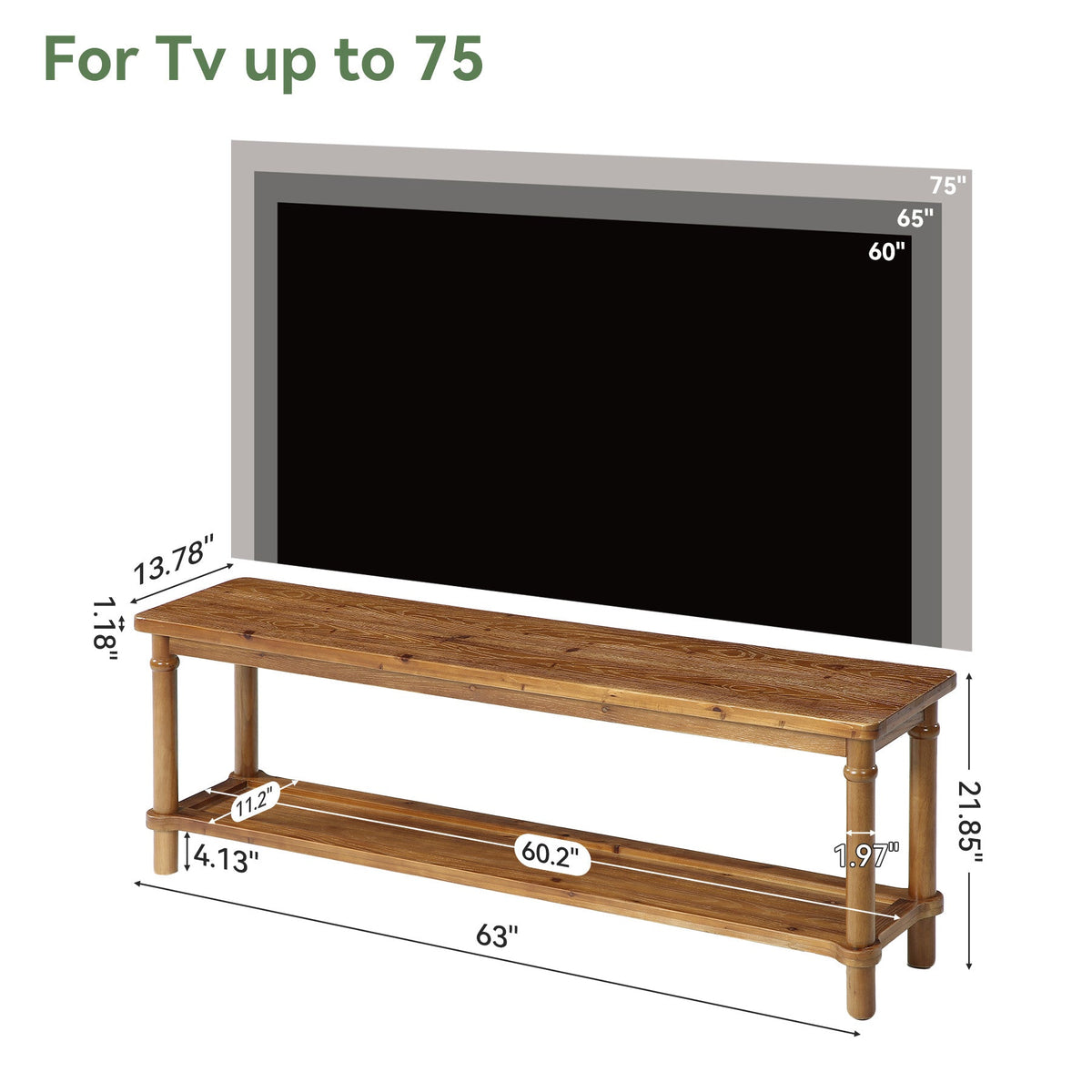 63" Solid Wood TV Stand for up to 75" TVs, 2-Tier TV Console Table with Open Shelf