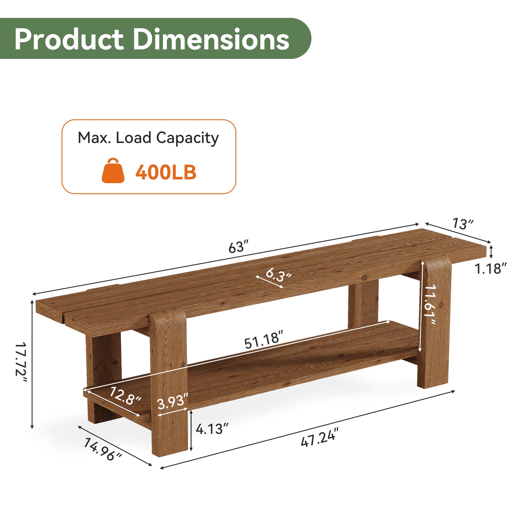 63" Solid Wood Dining Bench, Rustic Kitchen Bench with Storage Shelf