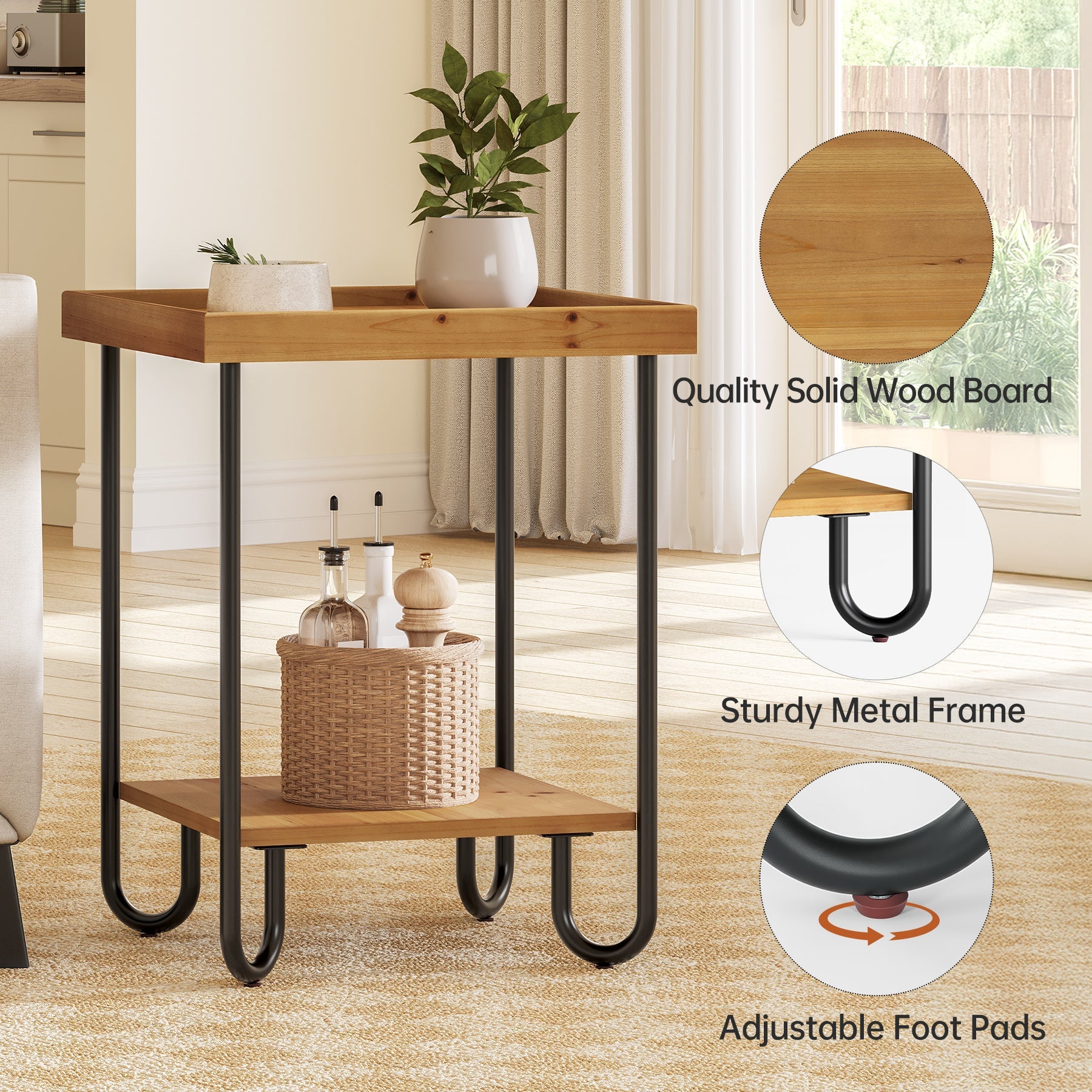 Solid Wood End Table, 2-Tier Side Table Nightstand with Storage Shelf