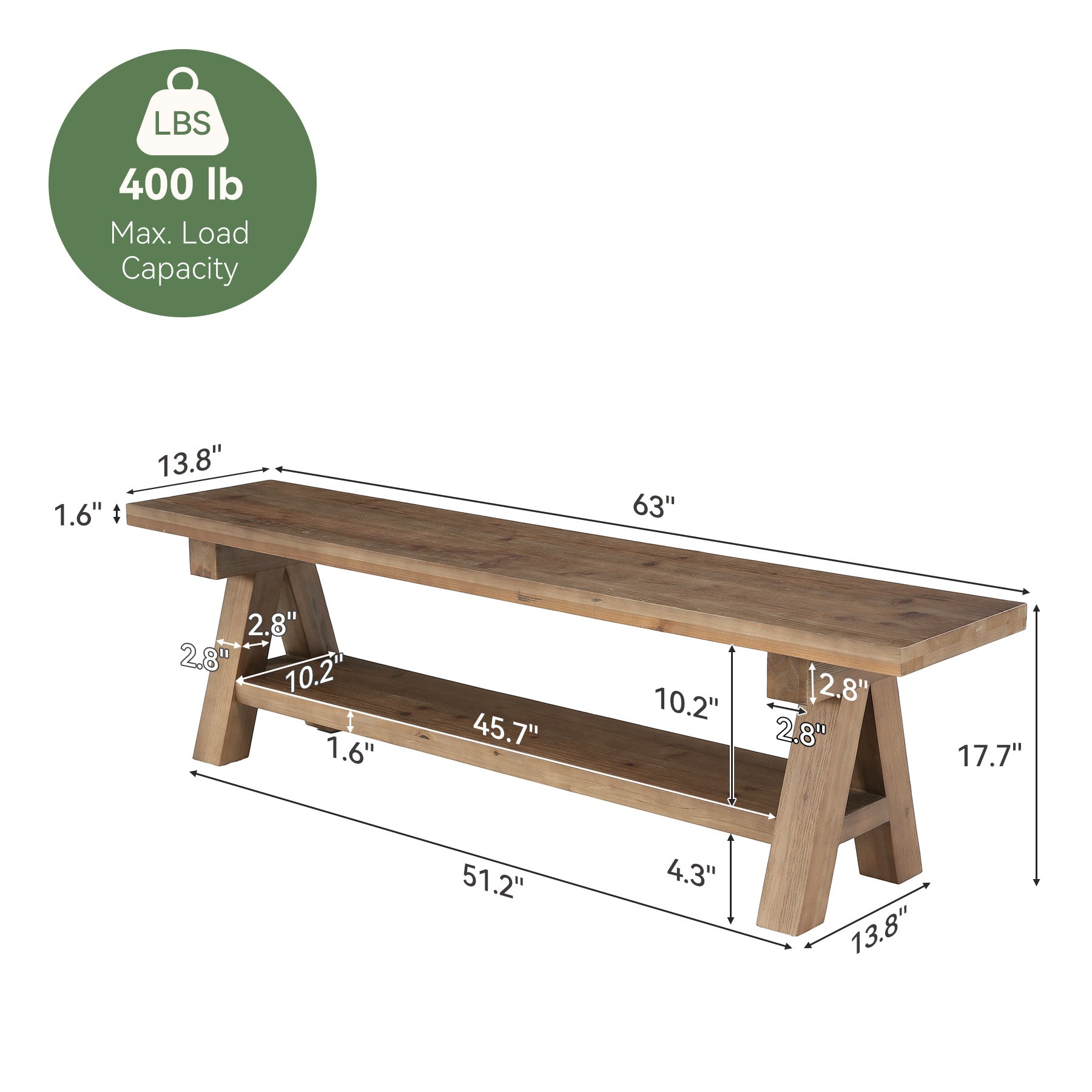 63" Solid Wood Entryway Bench with Storage Shelf, Farmhouse Wooden Shoe Bench