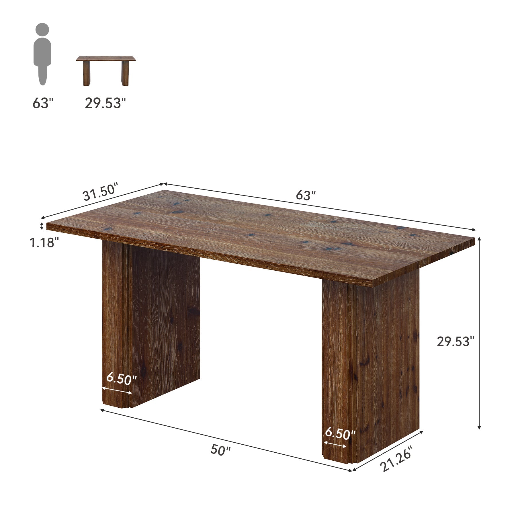 63” Solid Wood Farmhouse Dining Table for 4–6, Rectangular Kitchen Table with Pedestal Base