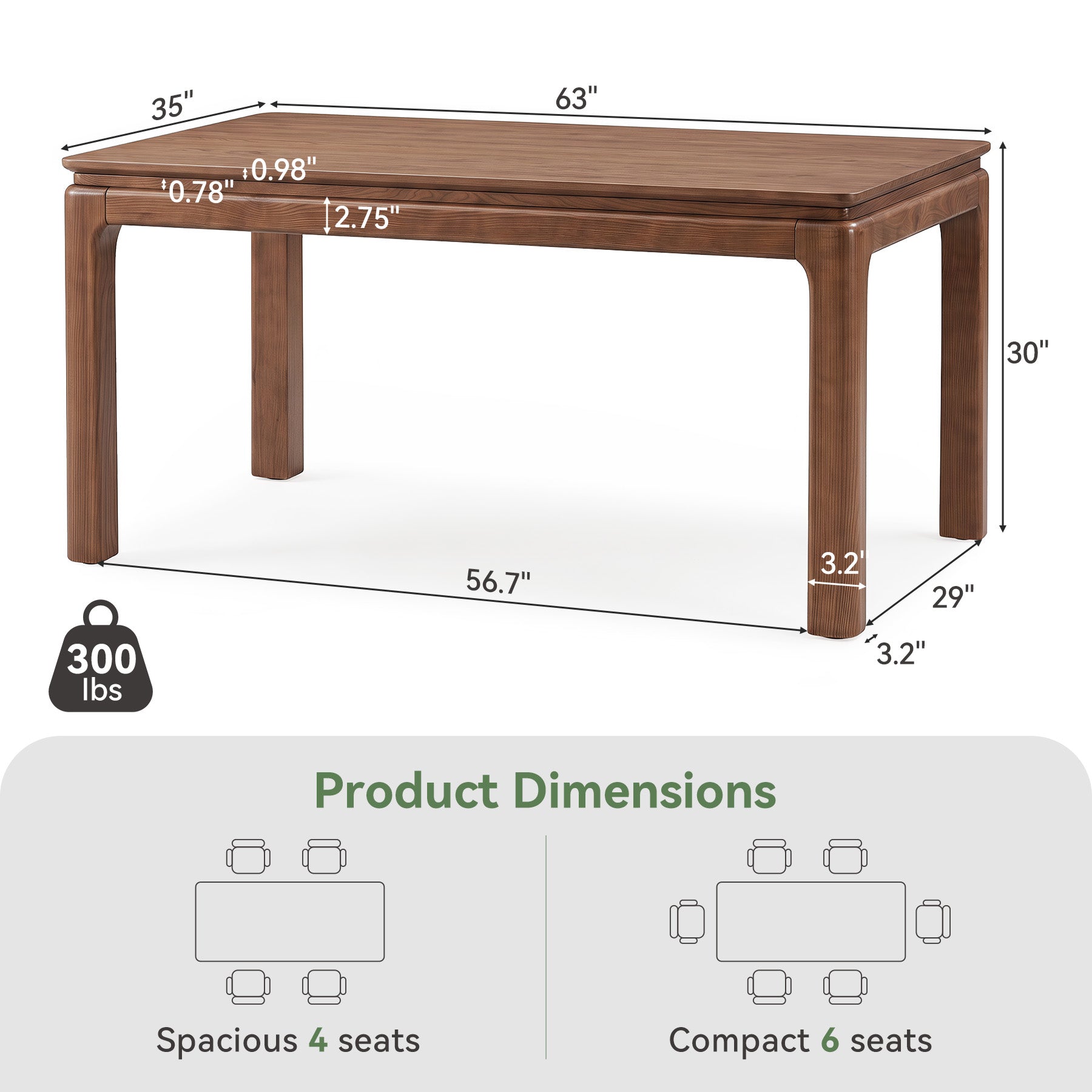 63" Solid Wood Dining Table, Rectangle Kitchen Table with 3-Layer Desktop for 4-6