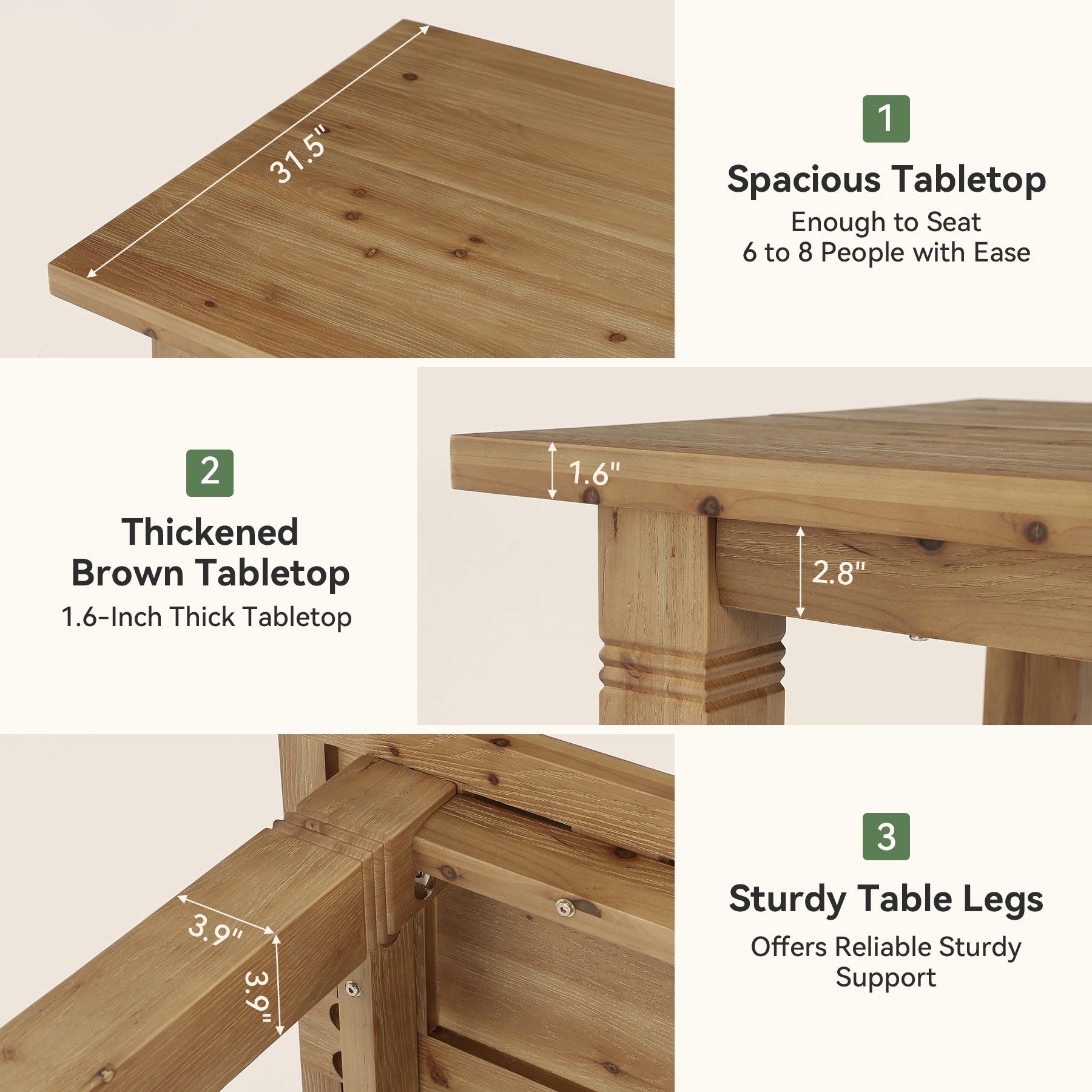 63" Solid Wood Dining Table for 4-6 People, Rectangular Kitchen Tables with Sturdy Legs