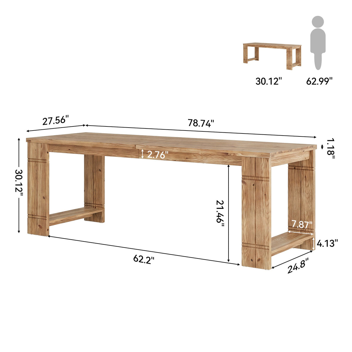 78.7" Solid Wood Dining Table, Rectangular Kitchen Table with U-Shaped Legs for 6-8