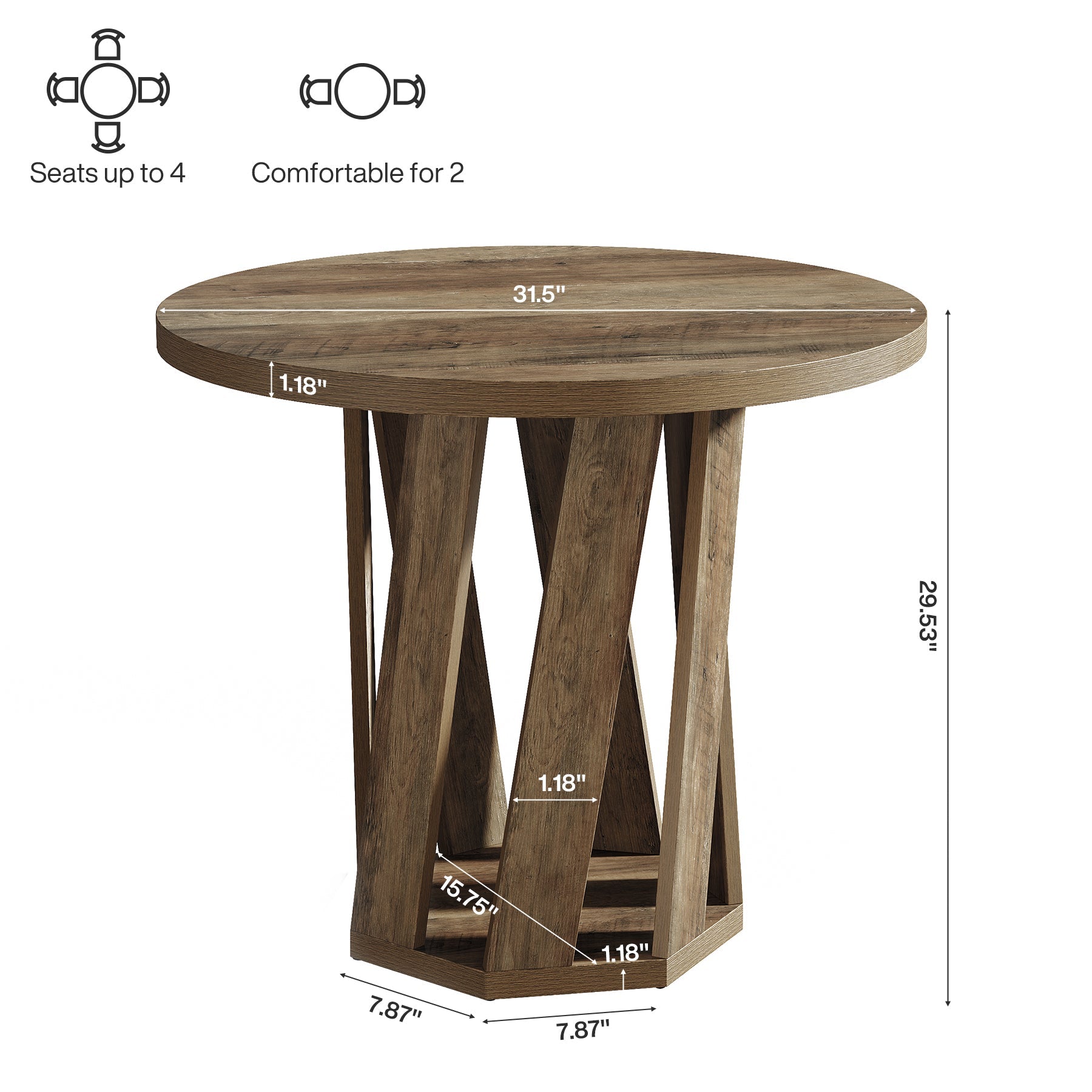 31.5" Round Dining Table, Solid Wood Kitchen Table for 2-4 People
