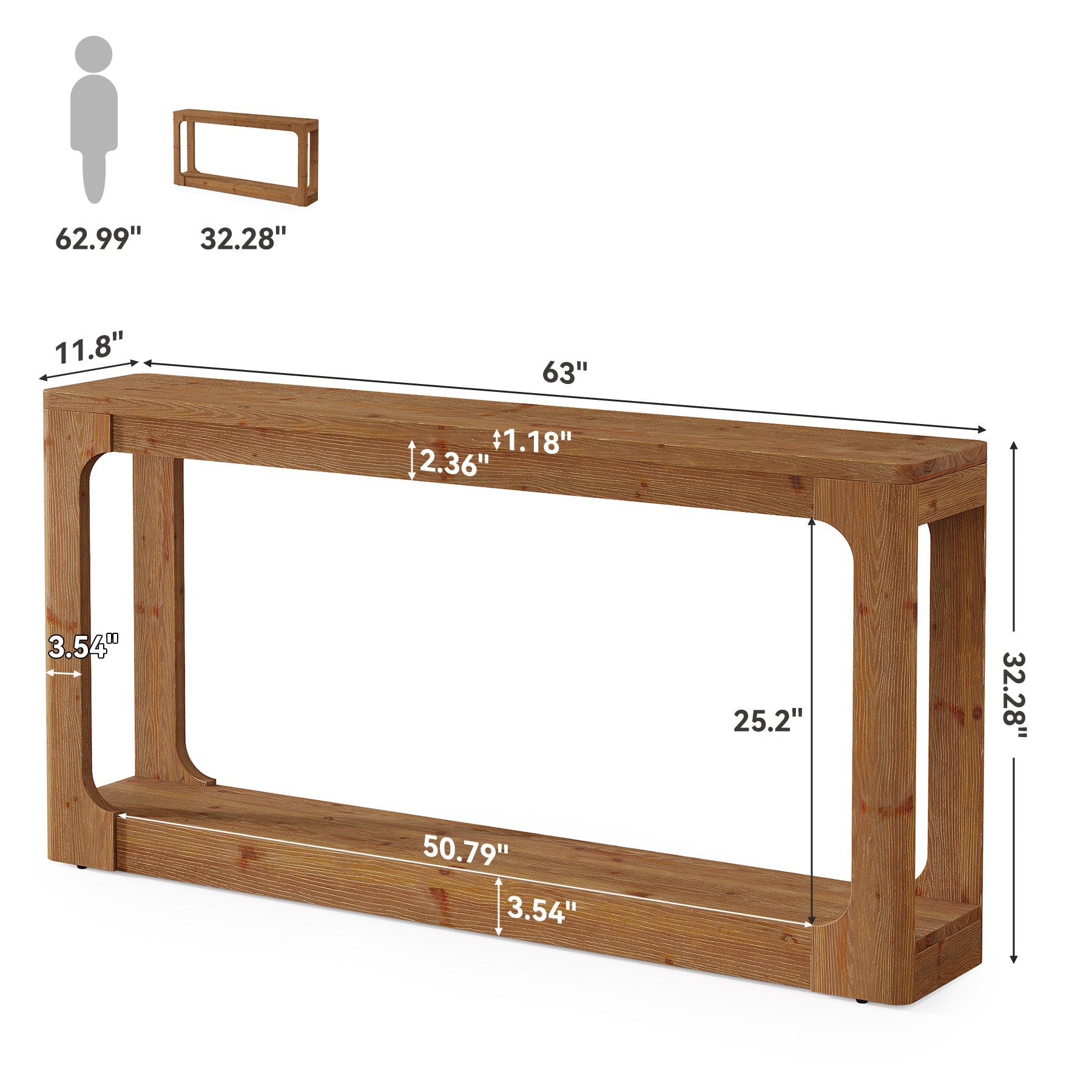 63" Solid Wood Console Table, 2-Tier Narrow Sofa Table Behind The Couch