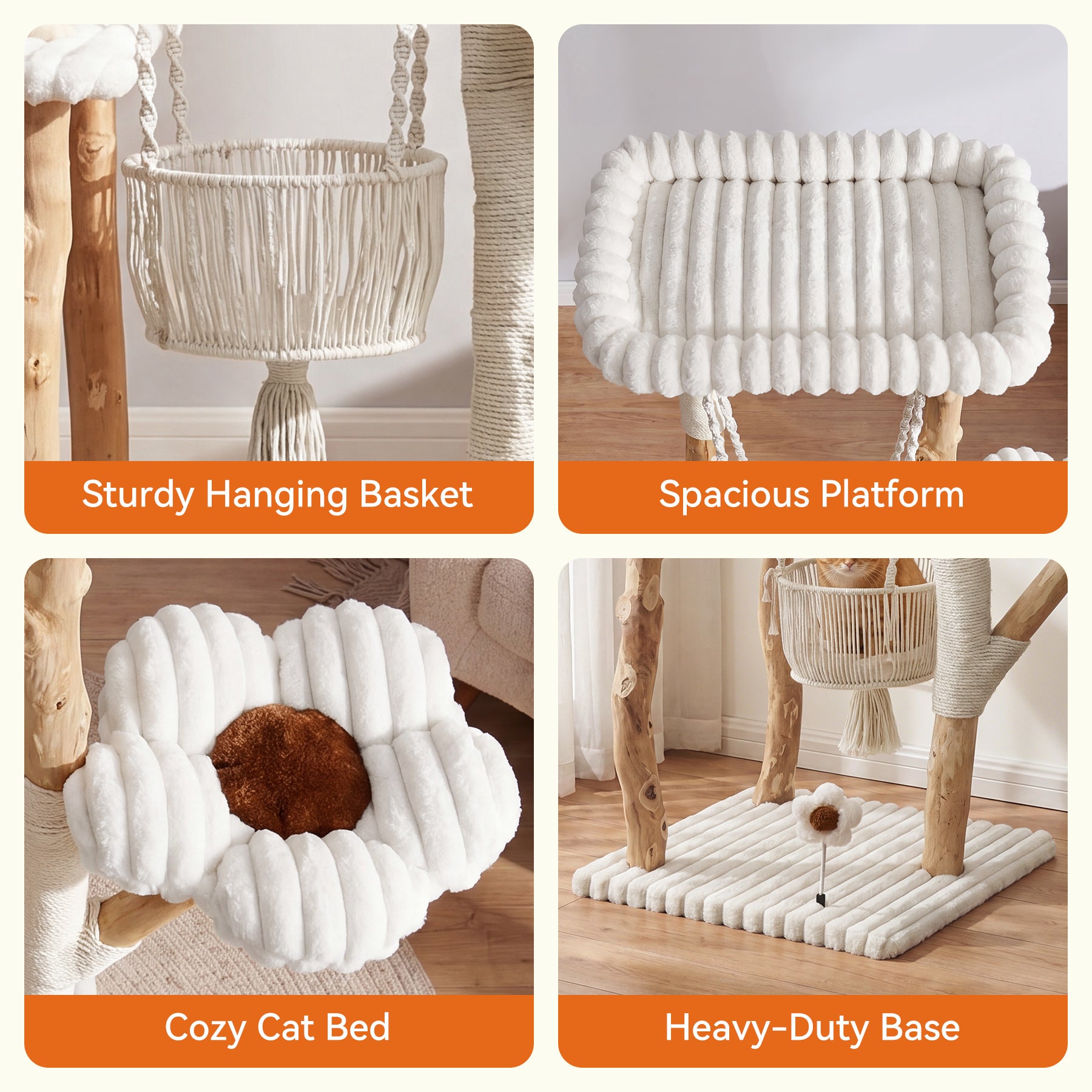 51" Solid Wood Cat Tree with Scratching Posts, Cat Tower with Swinging Basket, Washable Cushion, Dangling Toy
