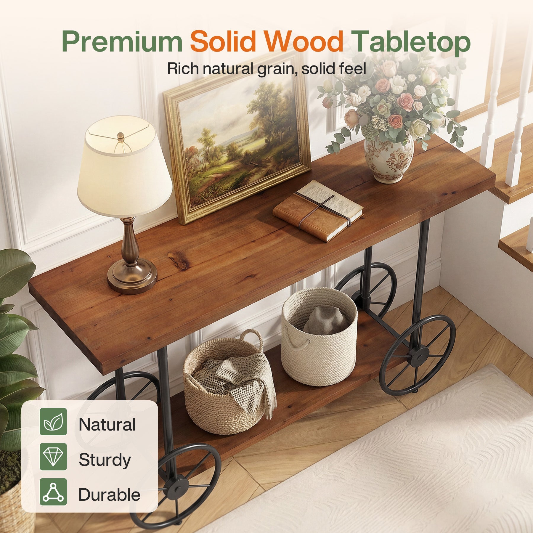 47" Solid Wood Industrial Console Table with 2-Tier Shelves – Narrow Entryway Sofa Table with Metal Base for Hallway or Living Room