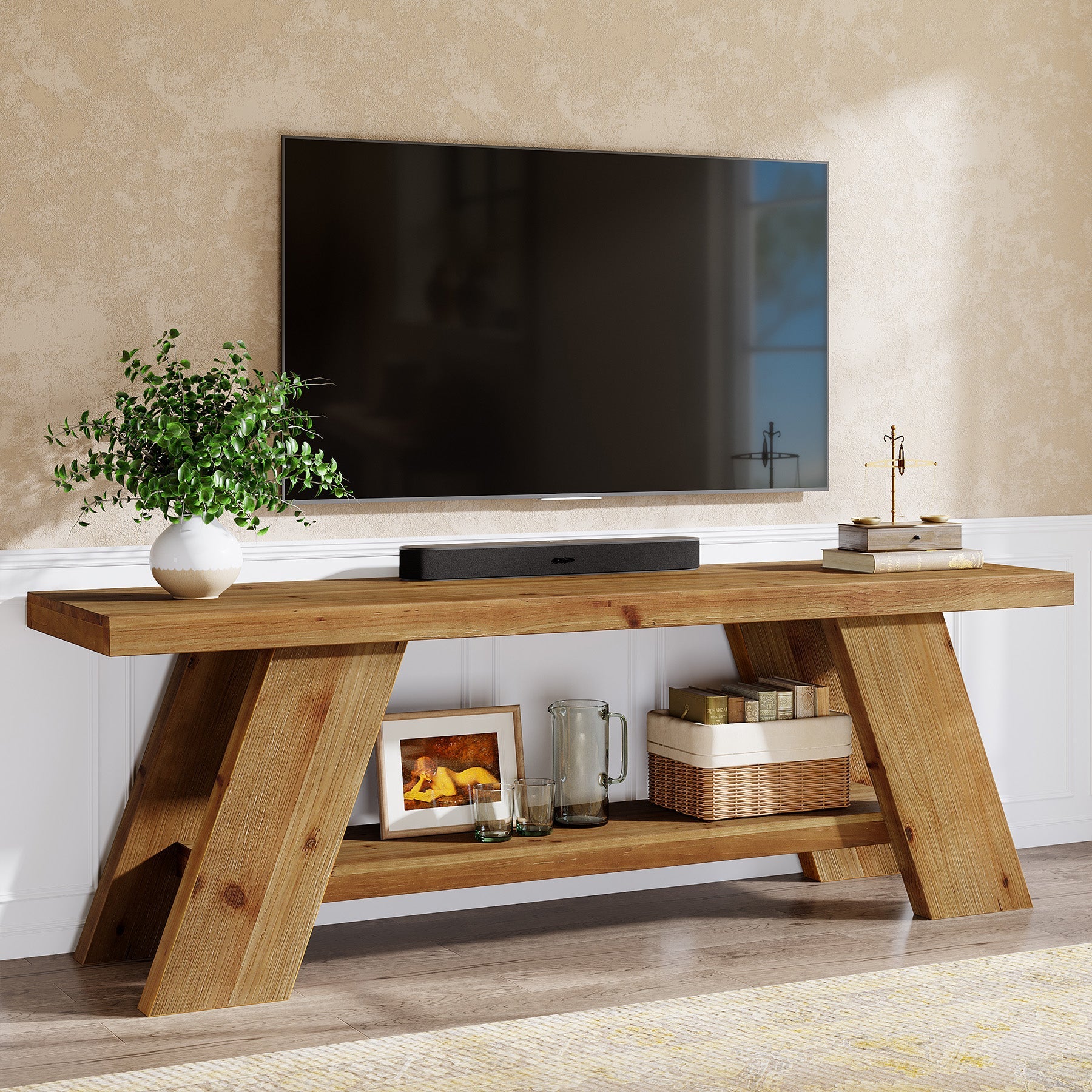 Solid Wood TV Stand with 2-Tier Shelf, 63" TV Media Console for TVs up to 75"