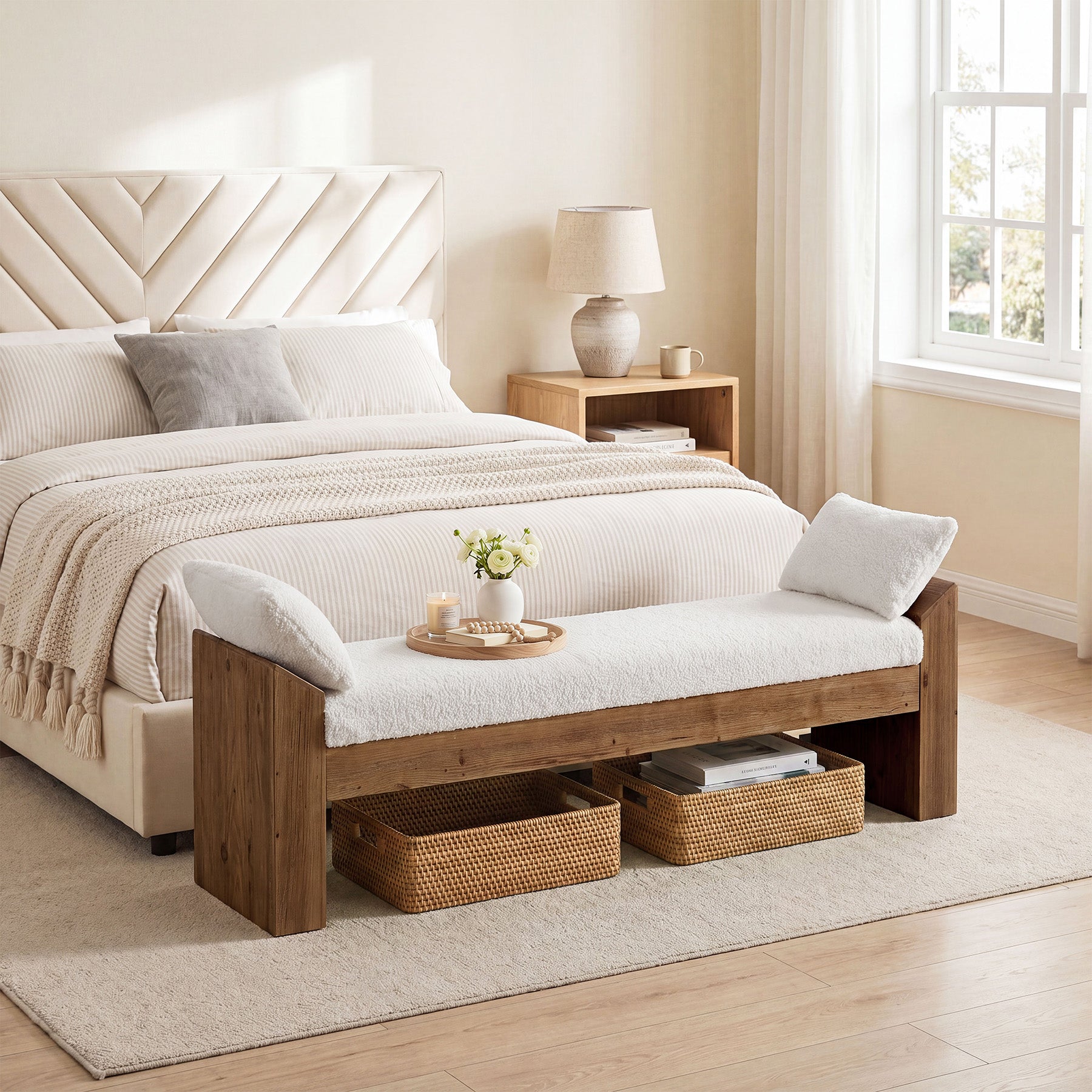 63" Solid Wood Entryway Bench with Sherpa Cushion & 2 Removable Pillows, Upholstered Farmhouse Shoe Bench