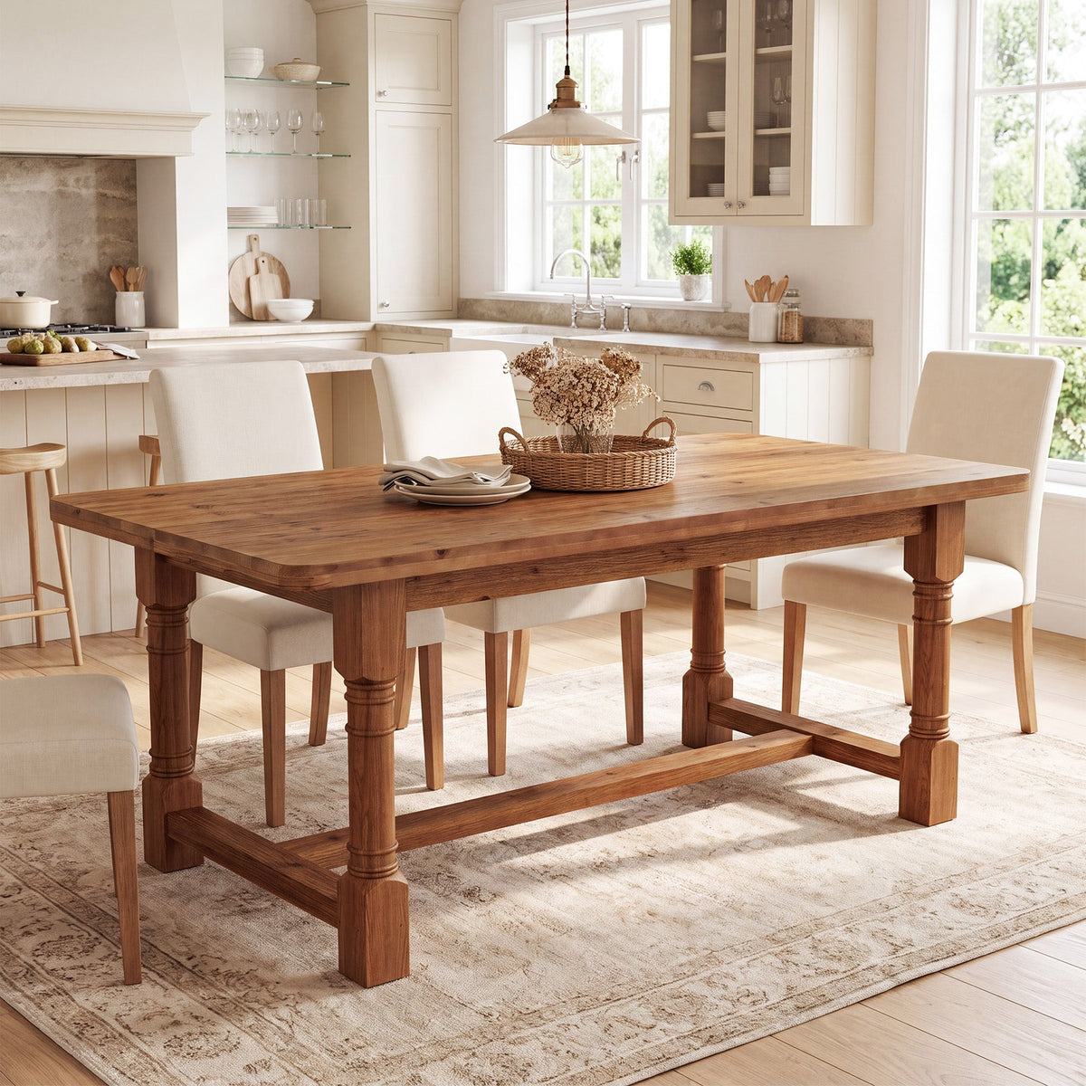 63" Solid Wood Dining Table, Farmhouse Kitchen Table with Trestle Base for 4-6