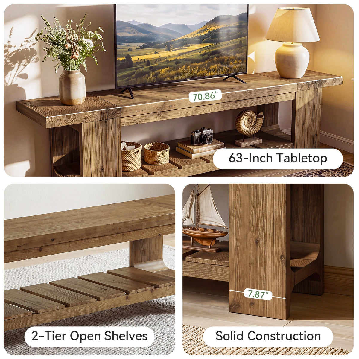 70.9" Solid Wood  TV Stand, Media Console with with Lower Storage Shelf for Living Room