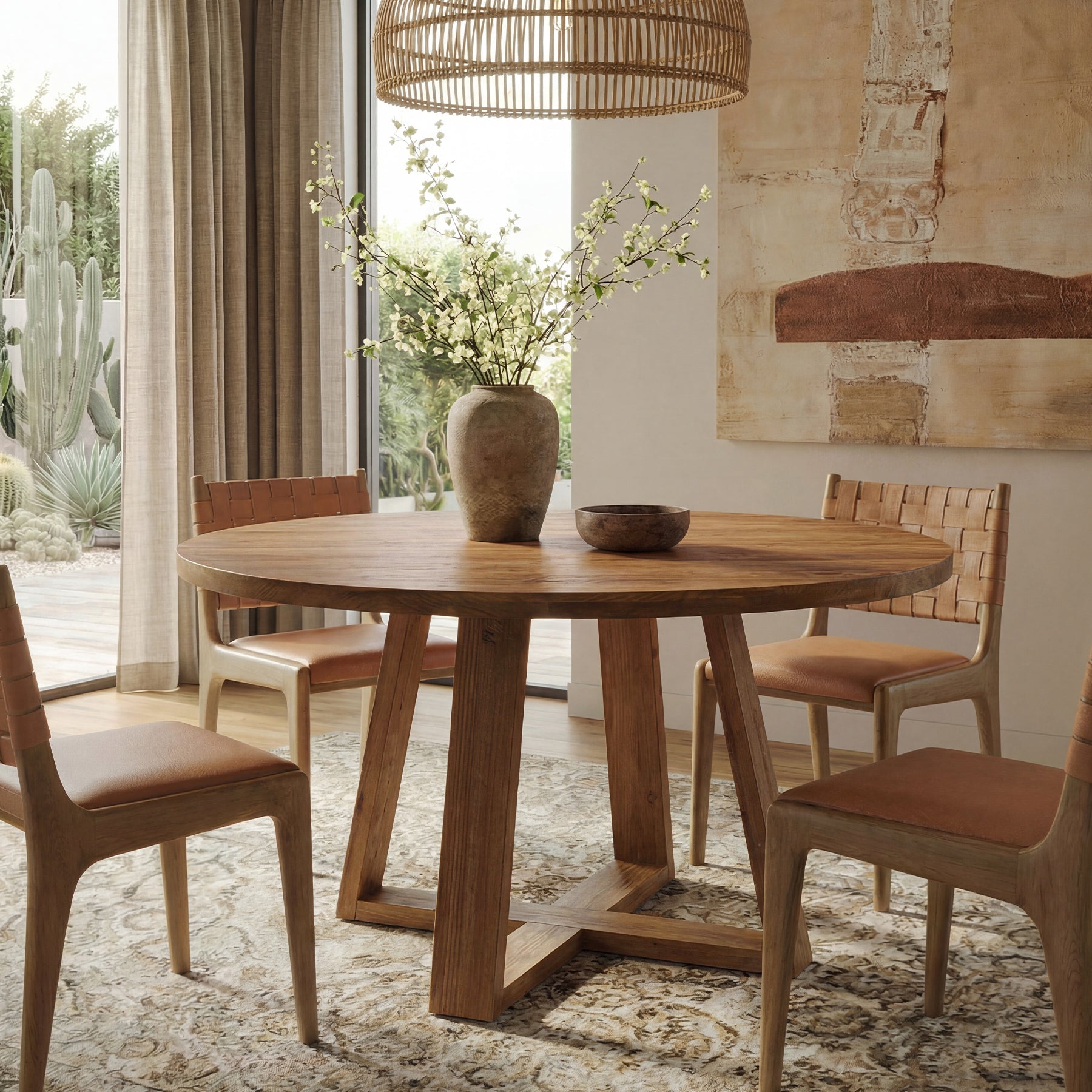 47.2" Round Dining Table, Farmhouse Solid Wood Kitchen Table with Trestle Base for 4