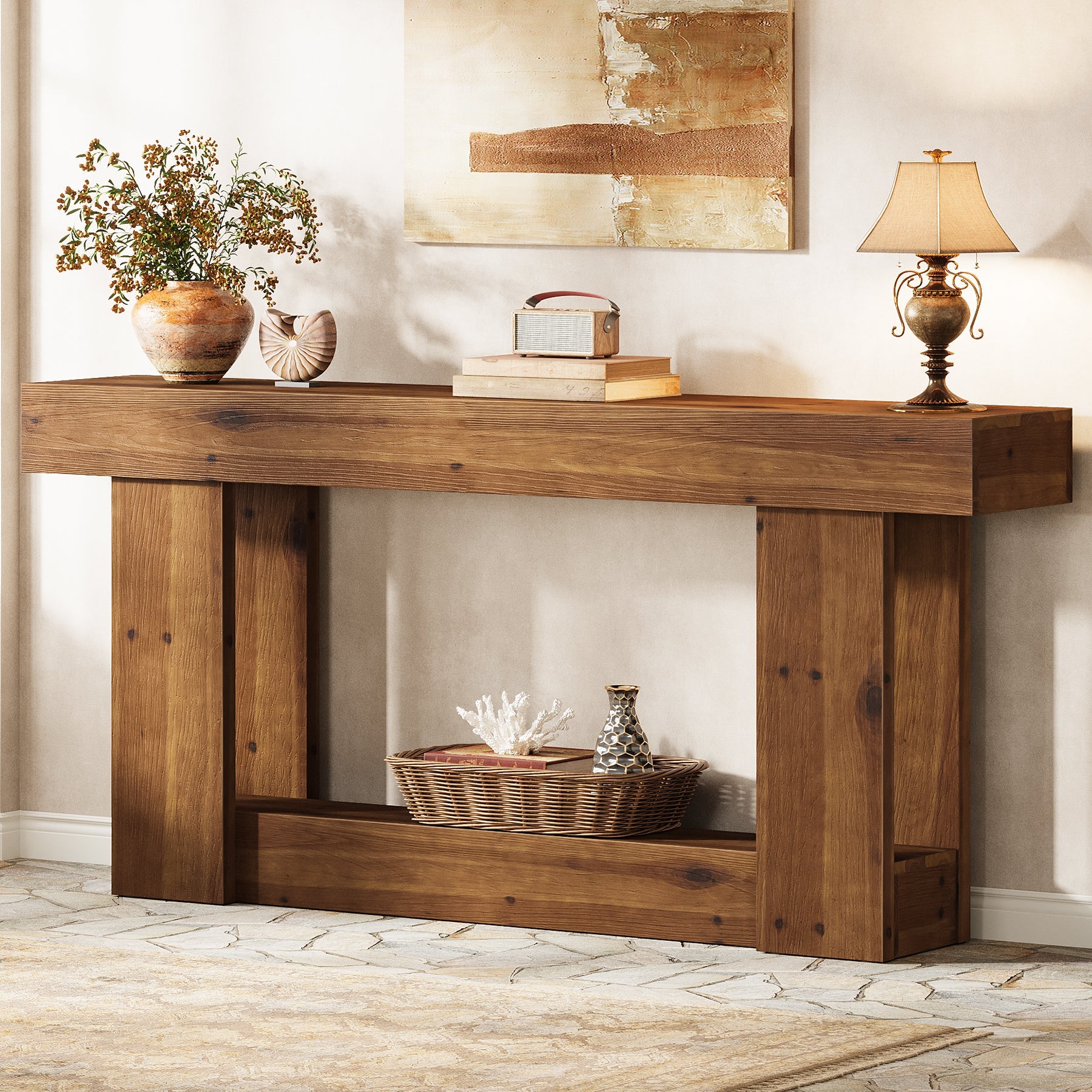 2-Tier Solid Wood Console Table, 63" Entryway Table with U-Shaped Base