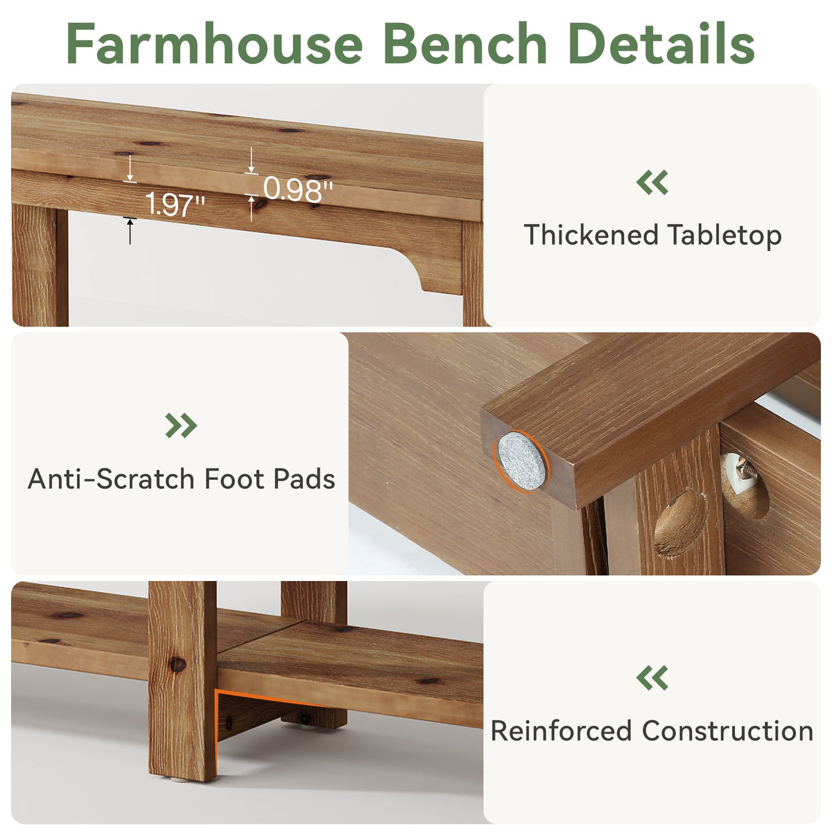 71" Entryway Bench, Farmhouse Solid Wood 2-Tier Shoe Storage Bench for Hallway