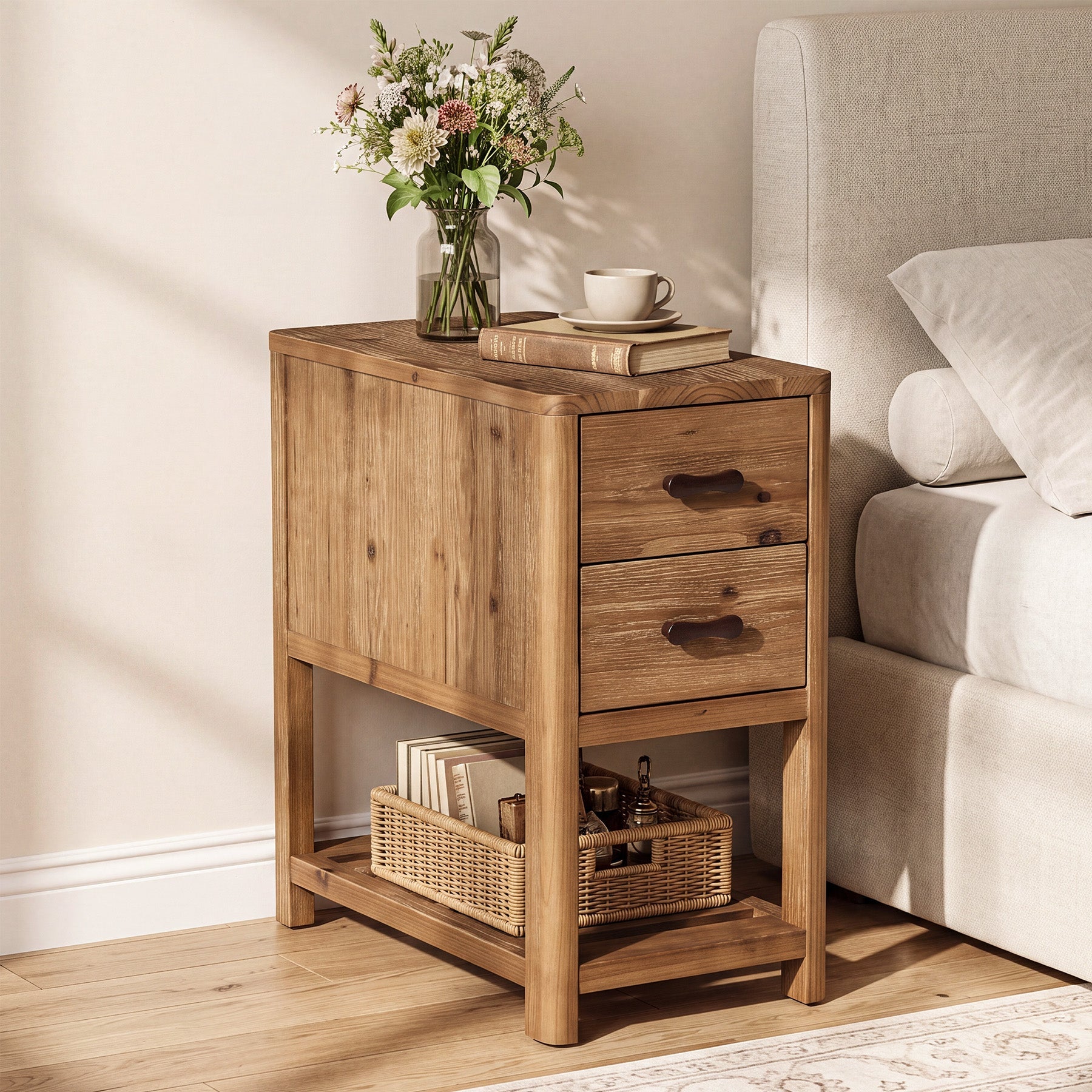 Farmhouse Narrow Nightstand with 2 Drawers, Solid Wood Skinny Bedside Table, Bedroom