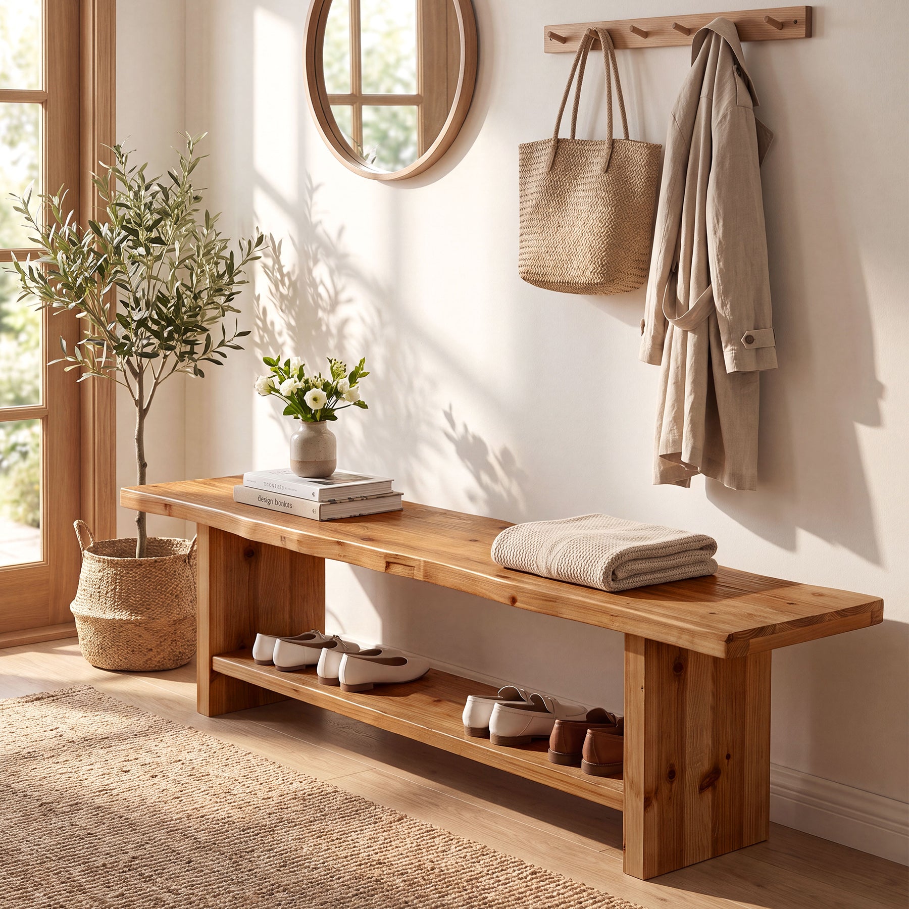 70.8" Solid Wood Entryway Bench, 2-Tier End of Bed Bench for Bedroom, Living Room