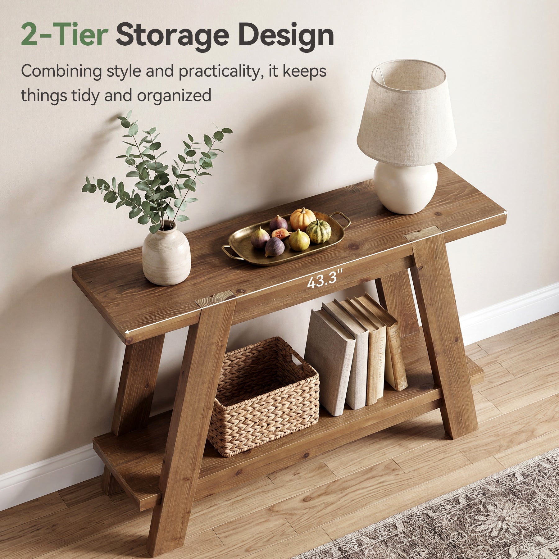 43" Narrow Console Table, 2-Tier Solid Wood Sofa Entryway Table
