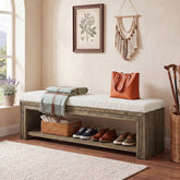 55" Solid Wood Entryway Bench, Upholstered Shoe Bench with Storage Shelf for Hallway 3