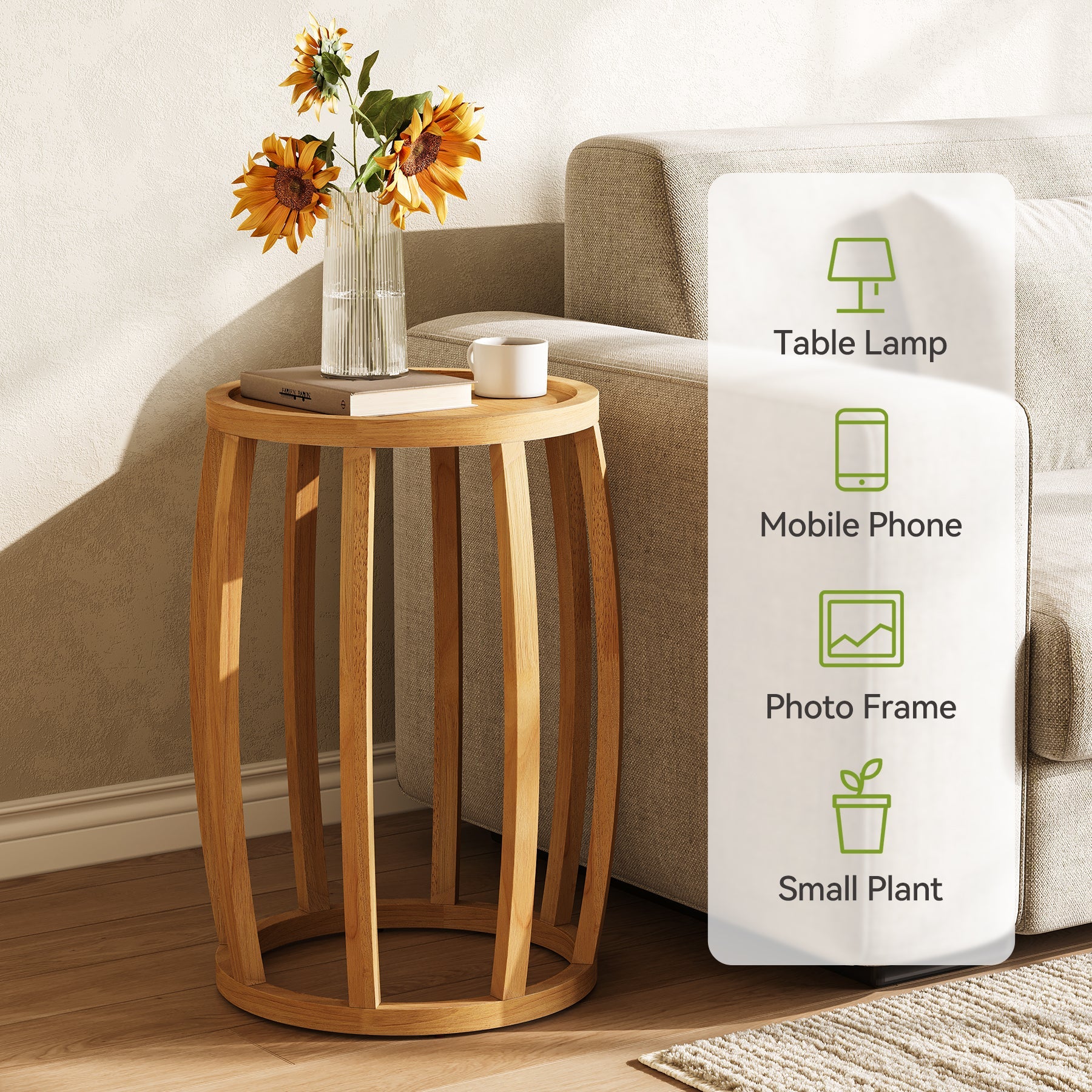 Solid Wood Round End Table, Small Farmhouse Side Table for Living Room