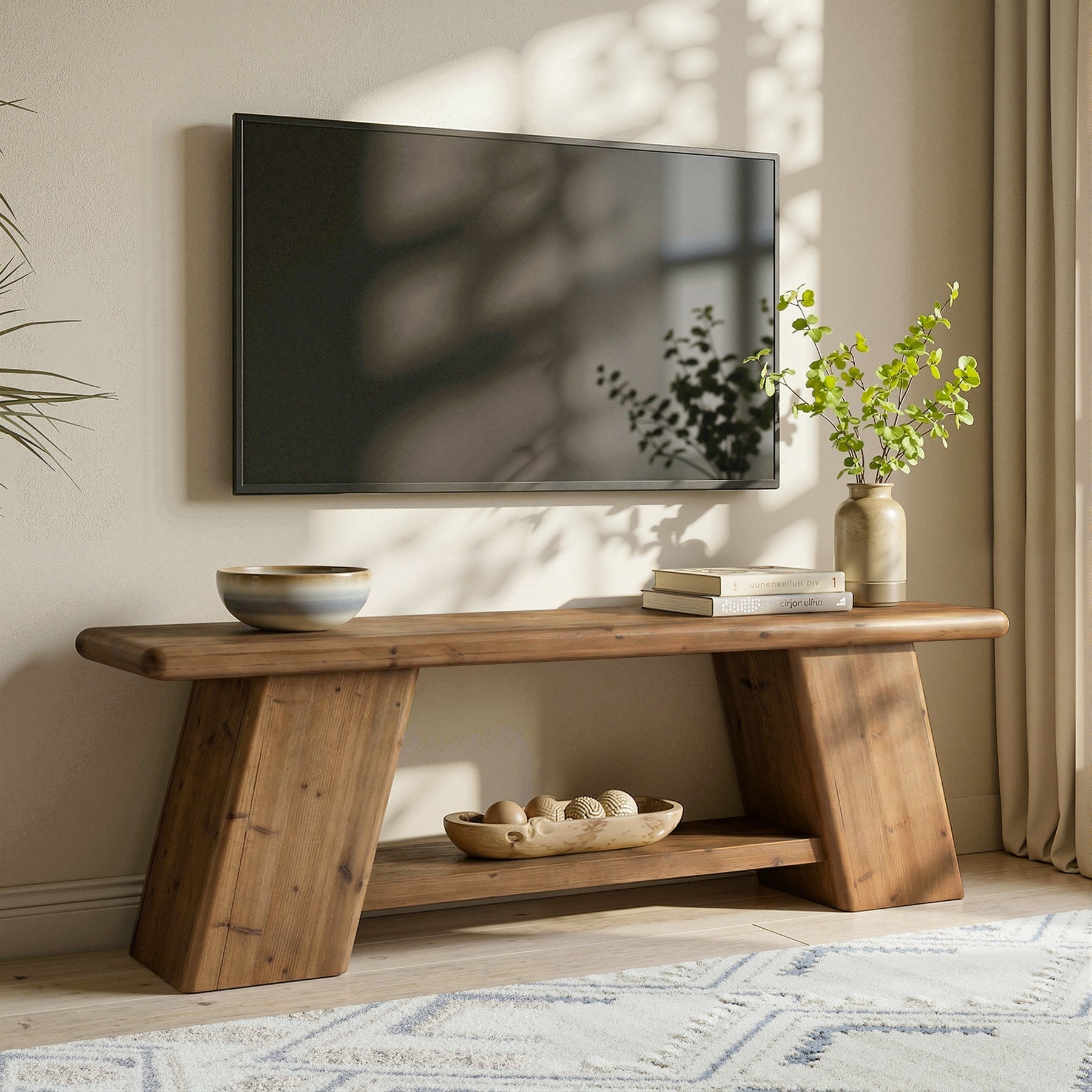 63" Solid Wood TV Stand for 50-65" TVs, Farmhouse Media Console with 2-Tier Open Storage