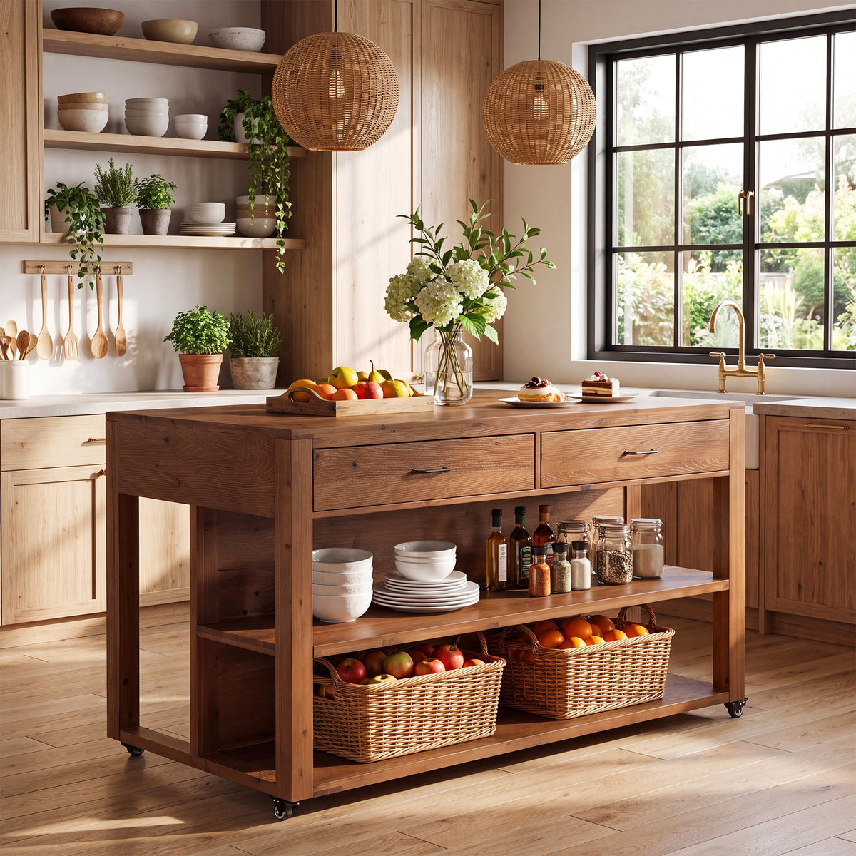 55" Rolling Kitchen Island, Solid Wood with 4 Drawers, Seating Space & Lockable Casters