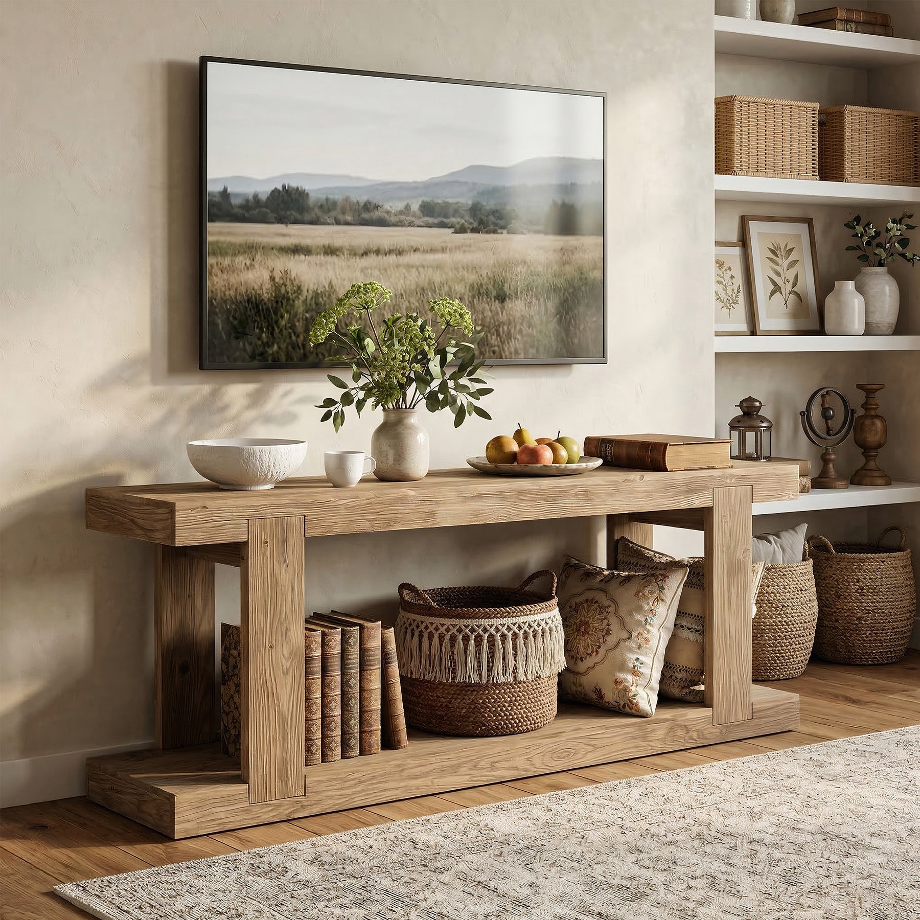 Solid Wood TV Stand for up to 65" TVs, Rustic Media Console Table with Open Storage Space