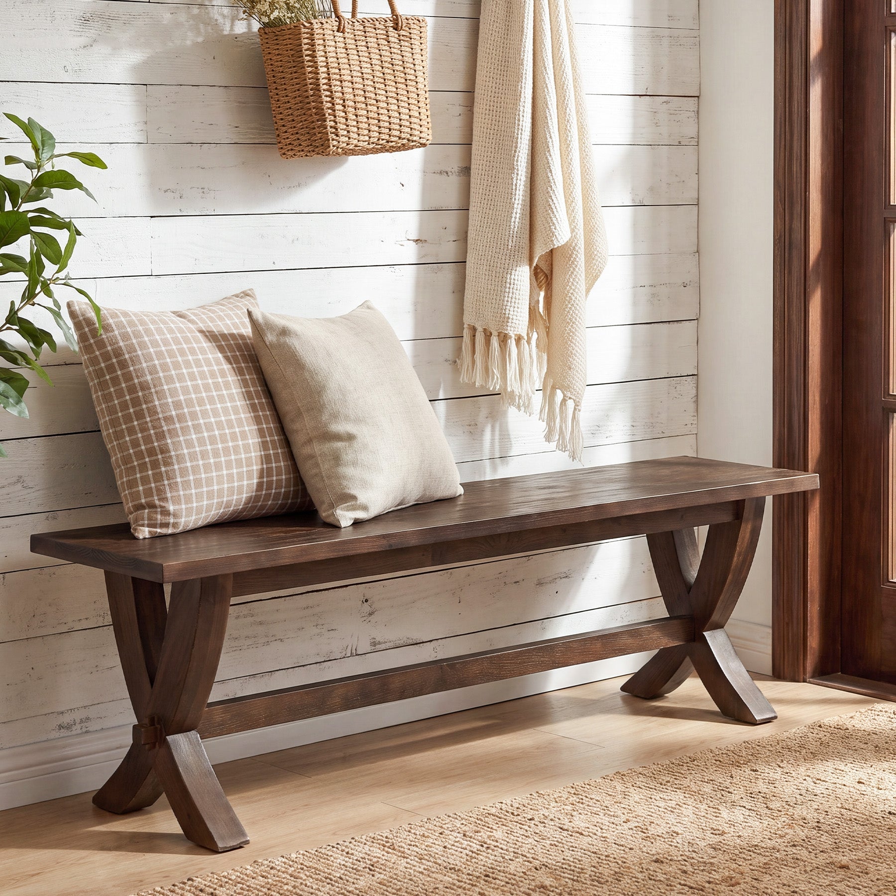 59" Solid Wood Entryway Bench, Farmhouse Wooden Bench with X-Frame Legs